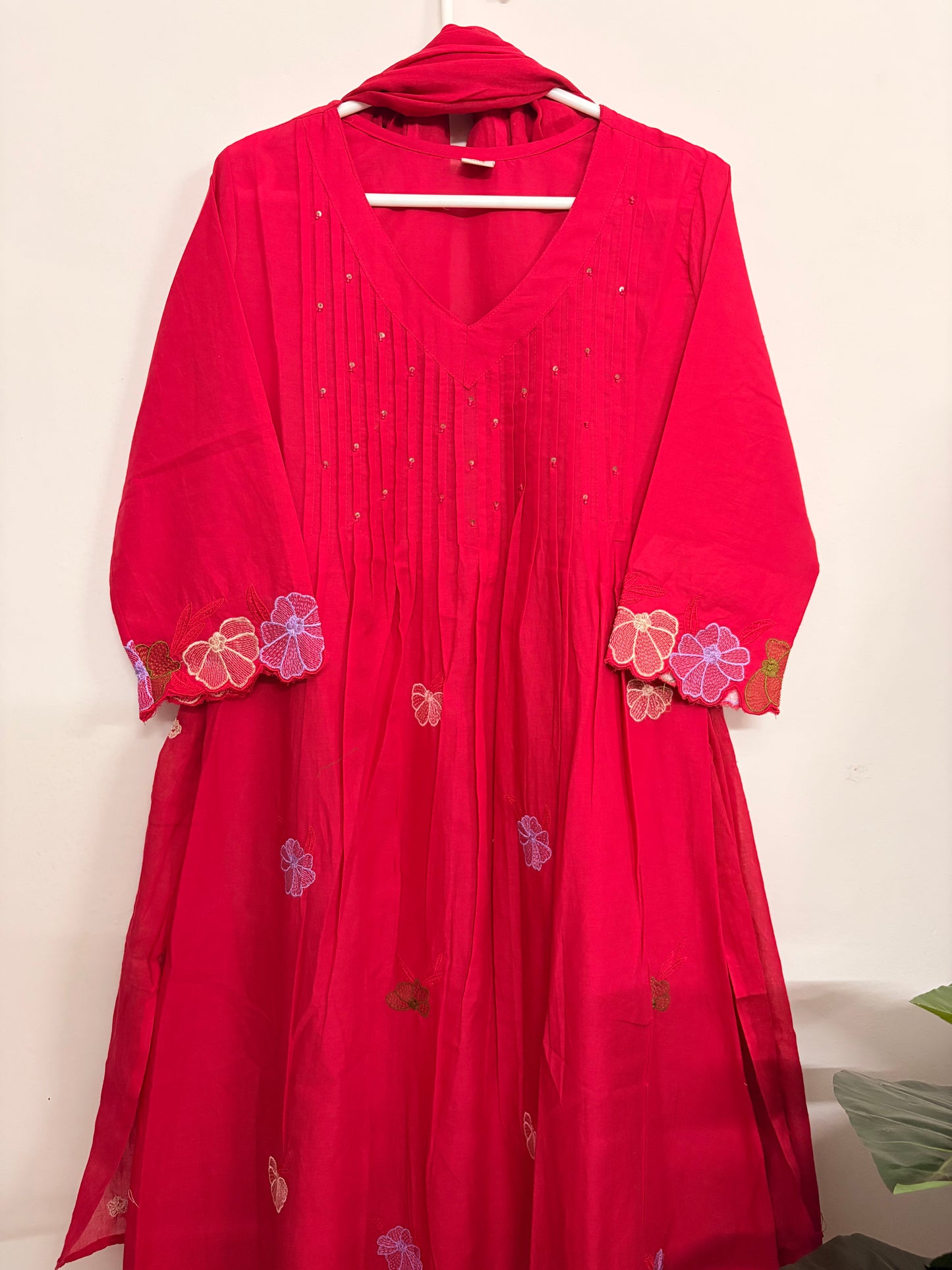 T105- Premium Pure Cotton A-line kurti with pant and dupatta