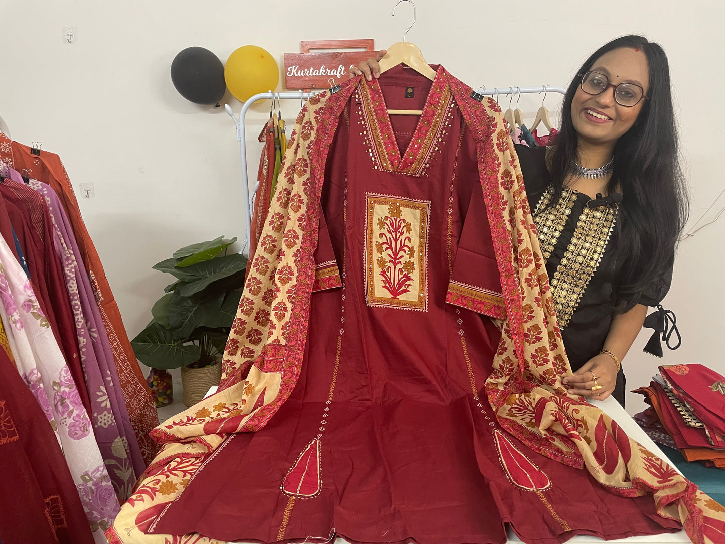T088- Premium Pure Cotton A-line kurti with pant and dupatta