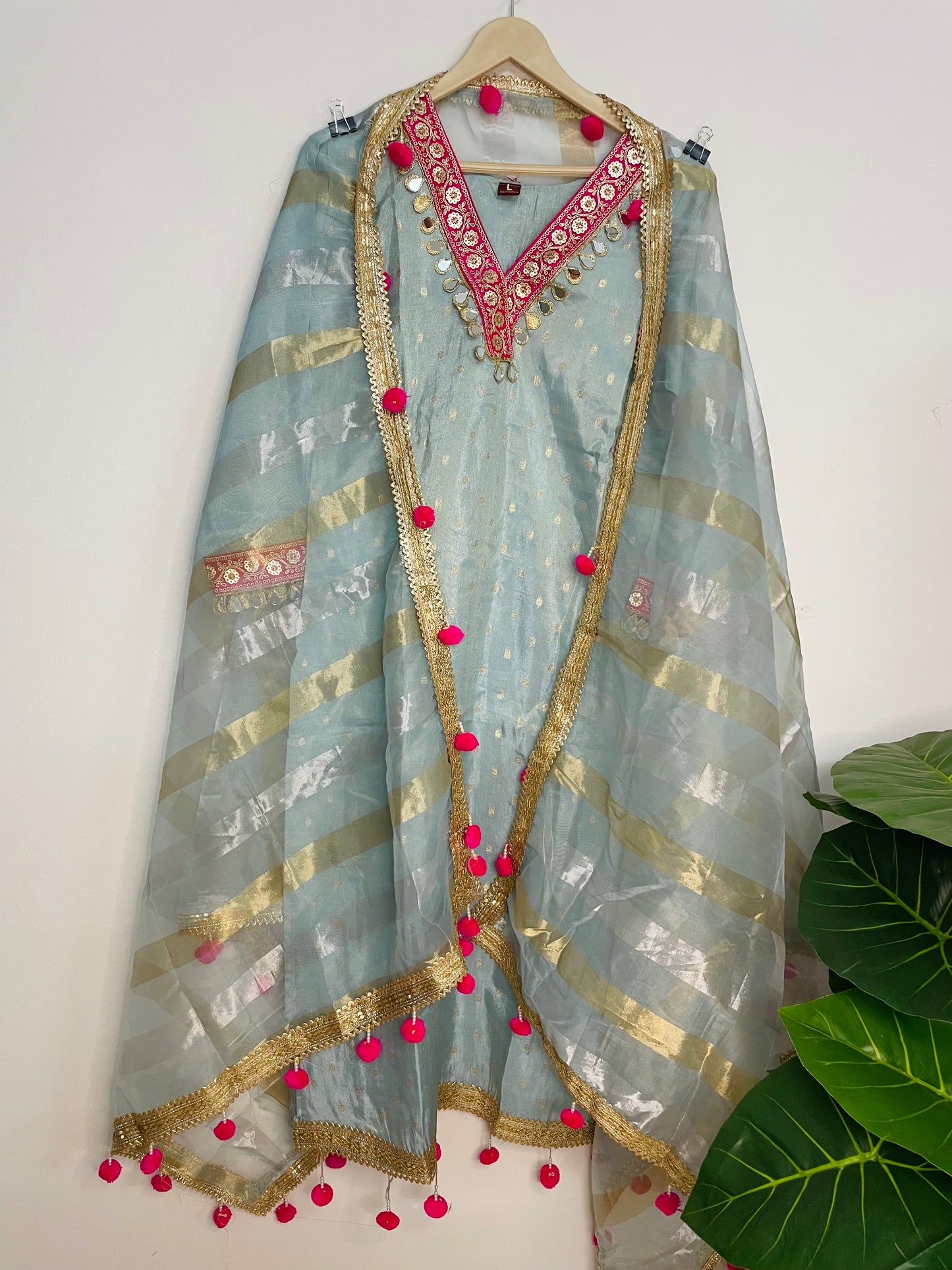 T064-Premium Pure Tissue shimmer kurti with pant and dupatta