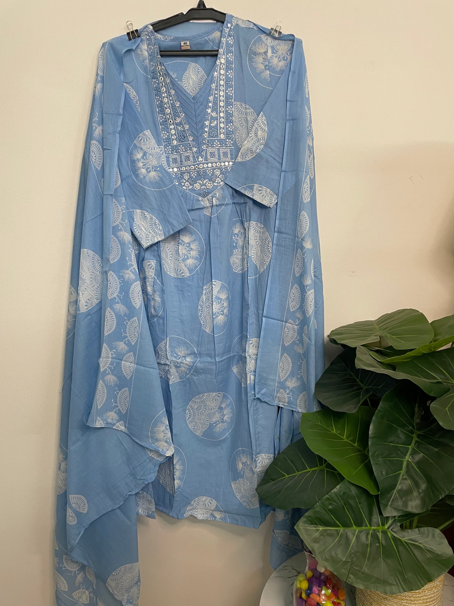 T076- Premium Pure Cotton A-line kurti with pant and dupatta