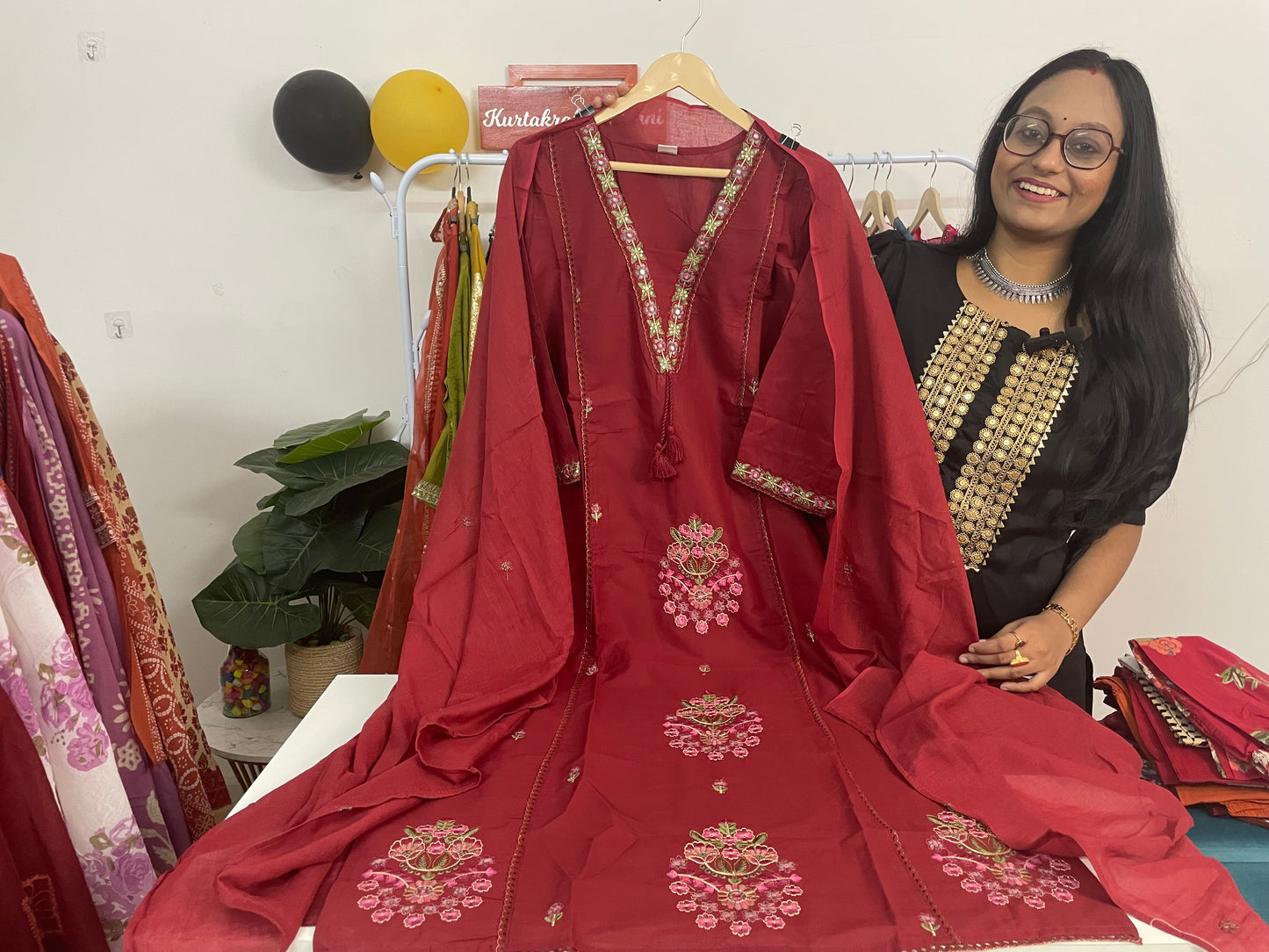 T091- Premium Pure Cotton A-line kurti with pant and dupatta