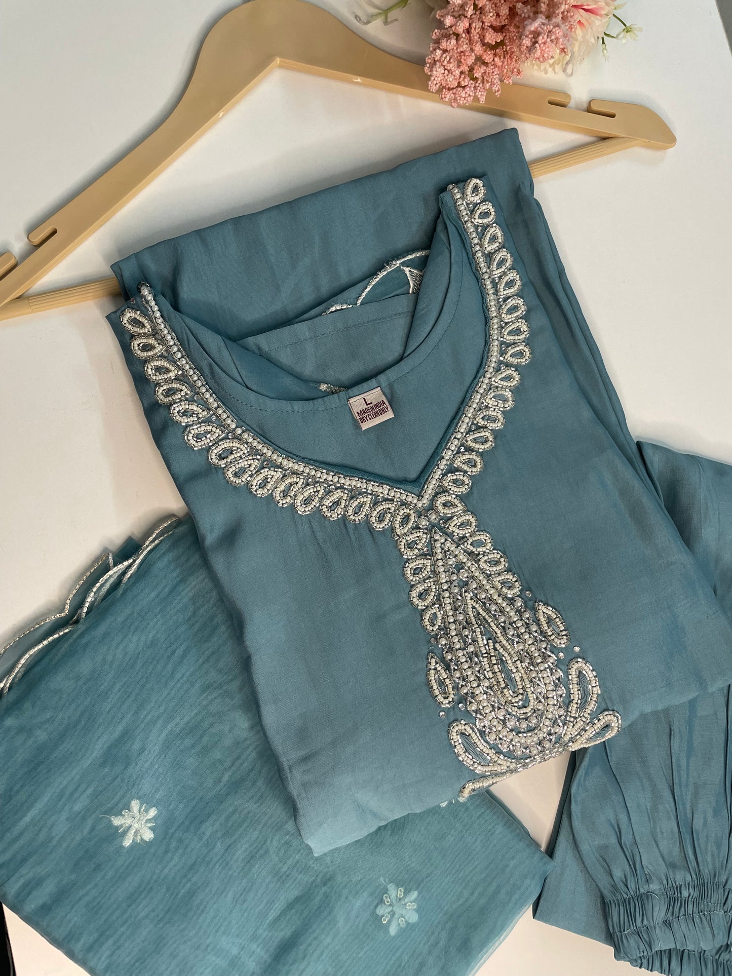 T063-Premium Pure Roman silk kurti with pant and dupatta