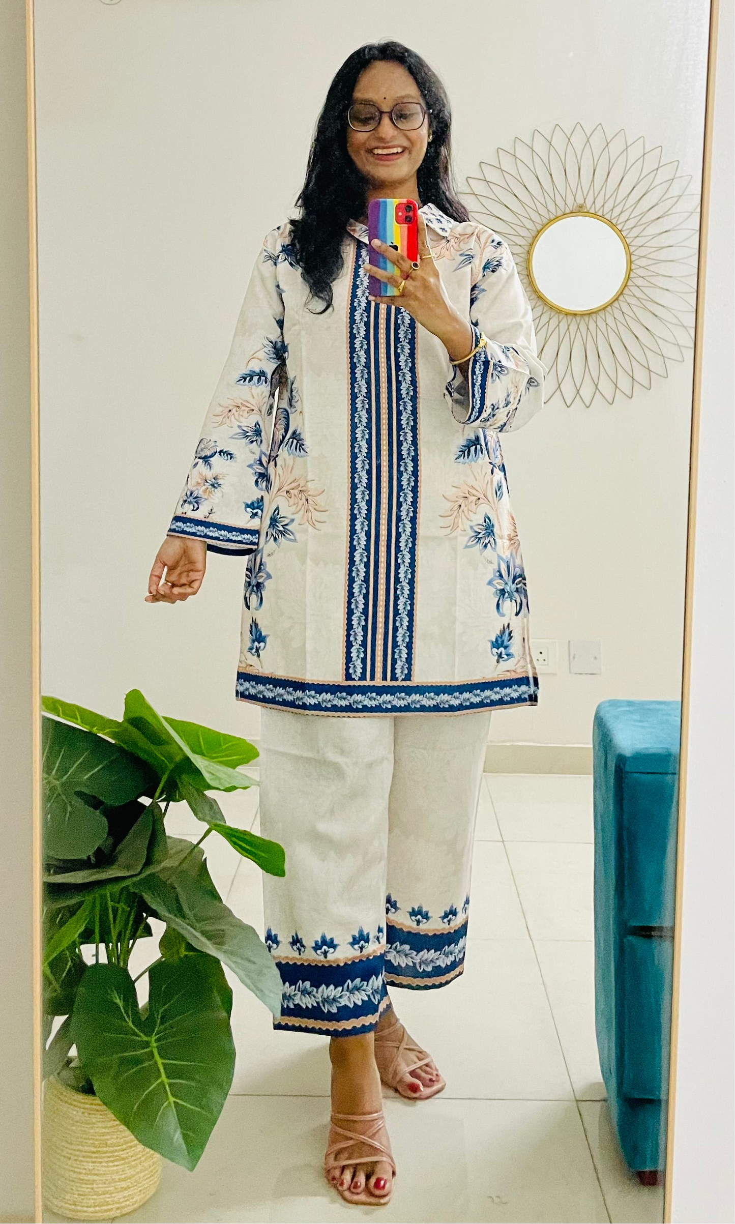T037-BLUE WHITE BAROQUE PAKISTANI COTTON CO-ORD