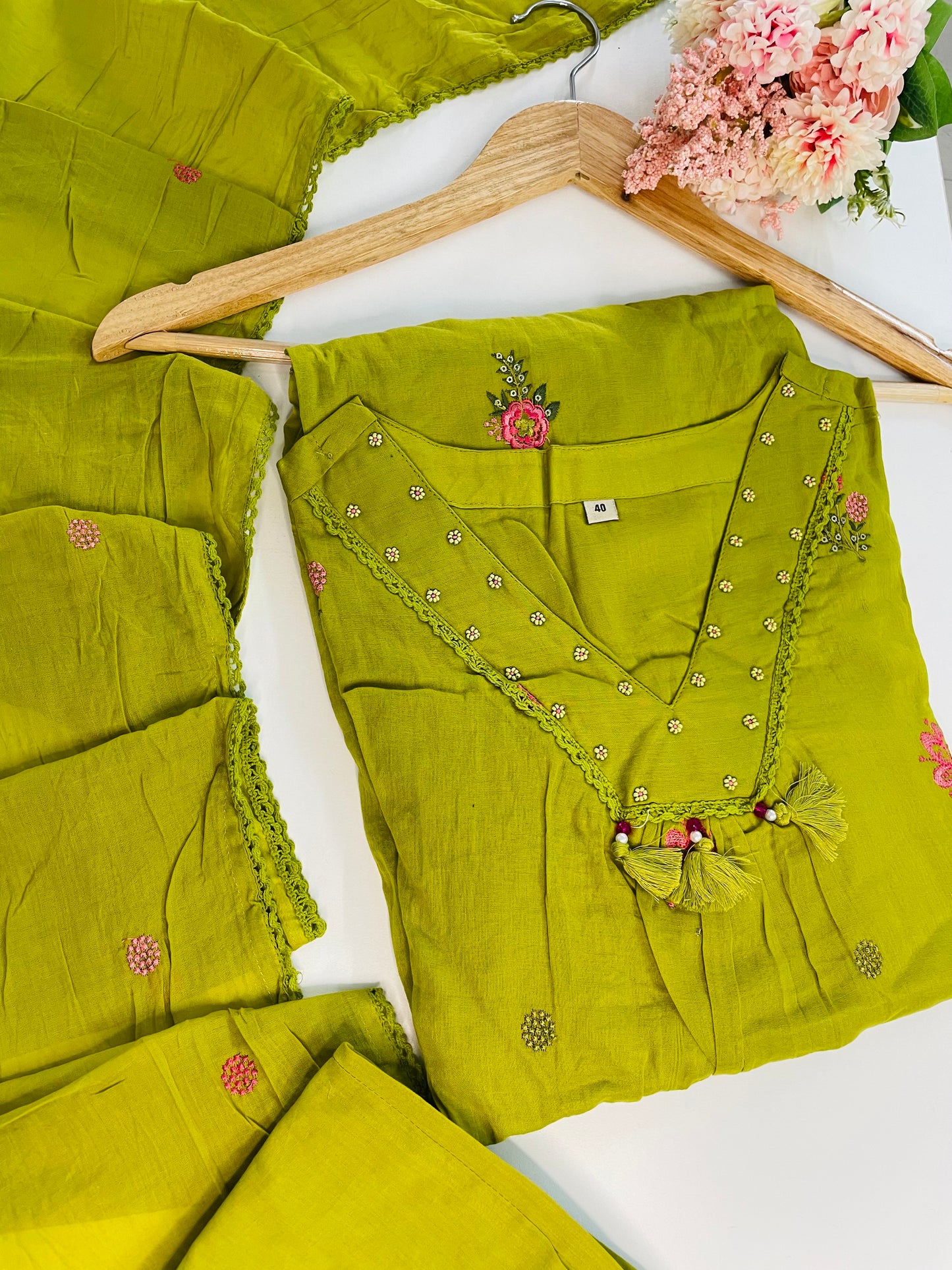 T053-Premium Pure Mul cotton A-line Kurti with pant and dupatta
