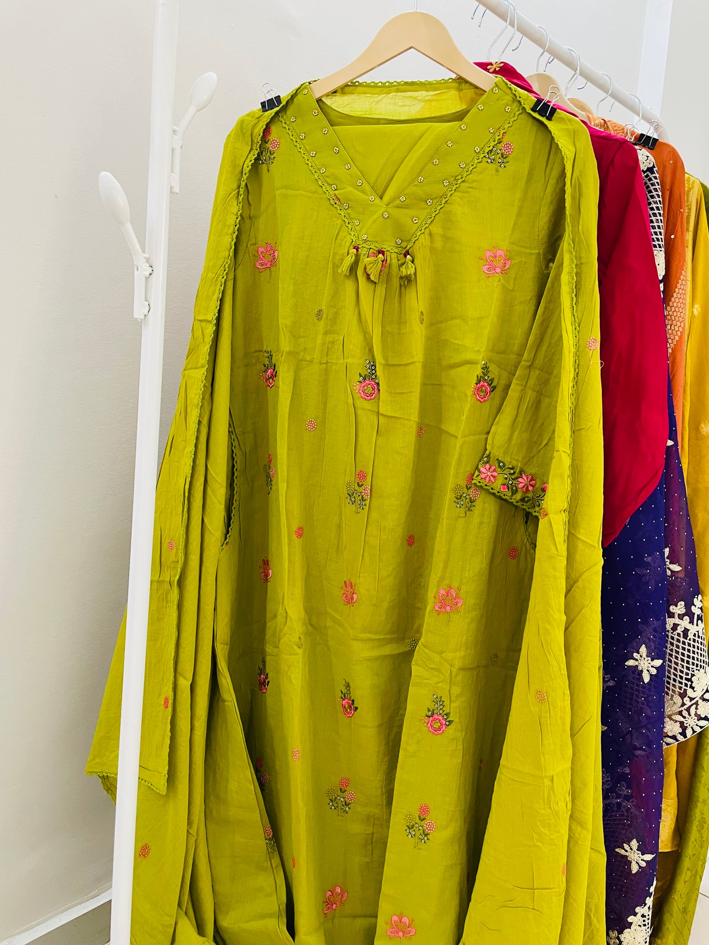 T053-Premium Pure Mul cotton A-line Kurti with pant and dupatta