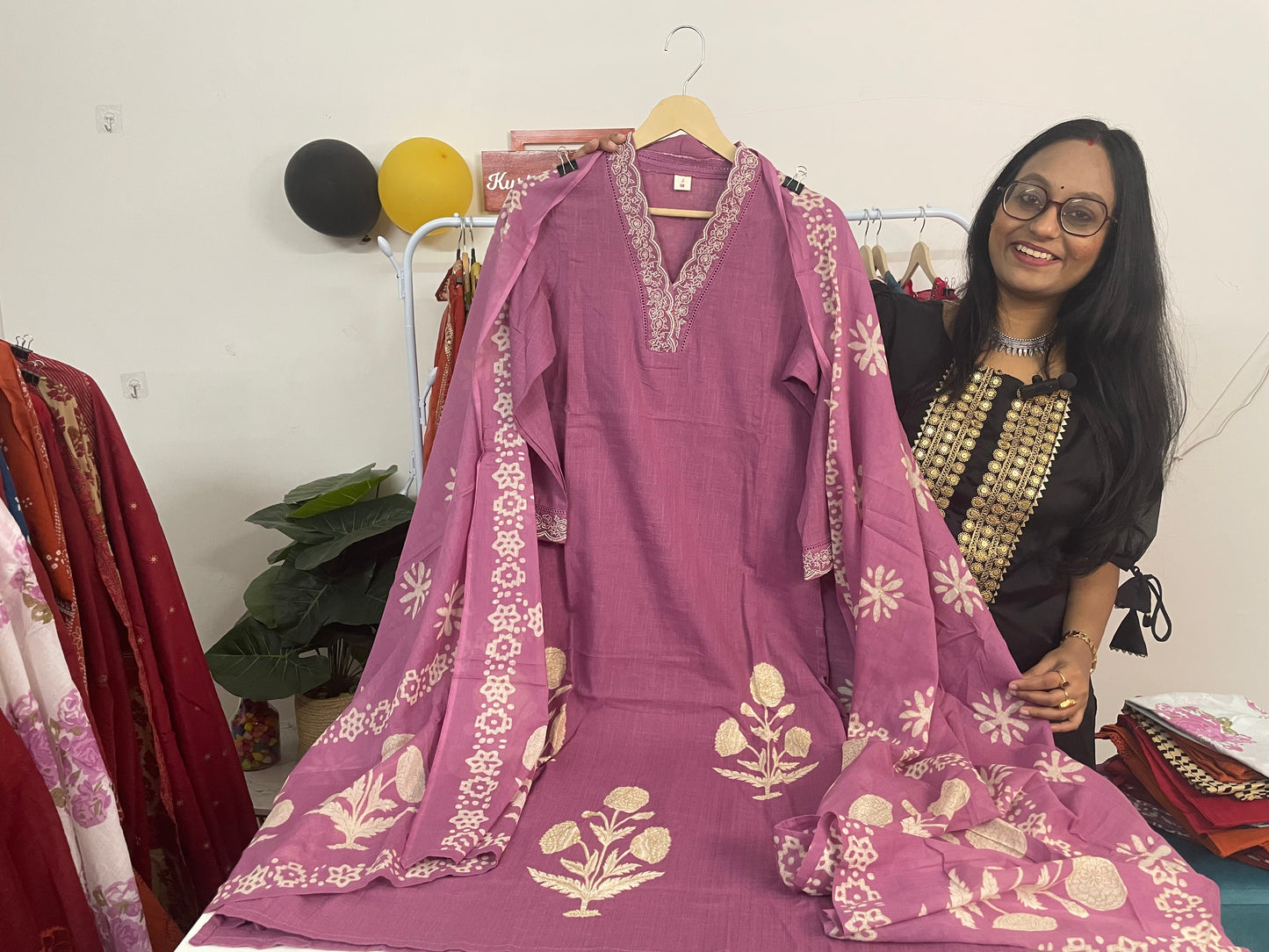T087- Premium Pure Cotton A-line kurti with pant and dupatta