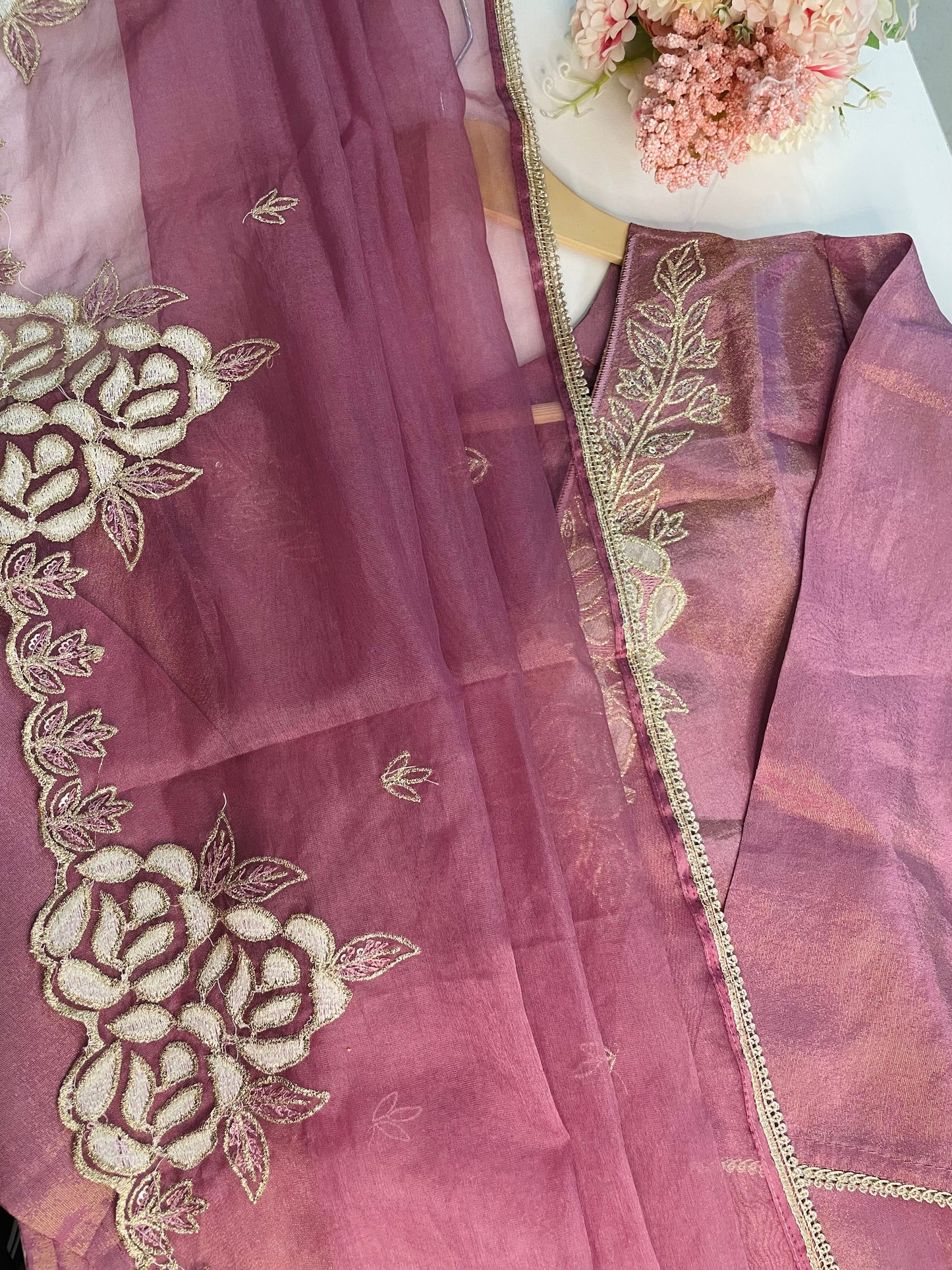 T060-Premium Pure Tissue shimmer kurti with pant and dupatta
