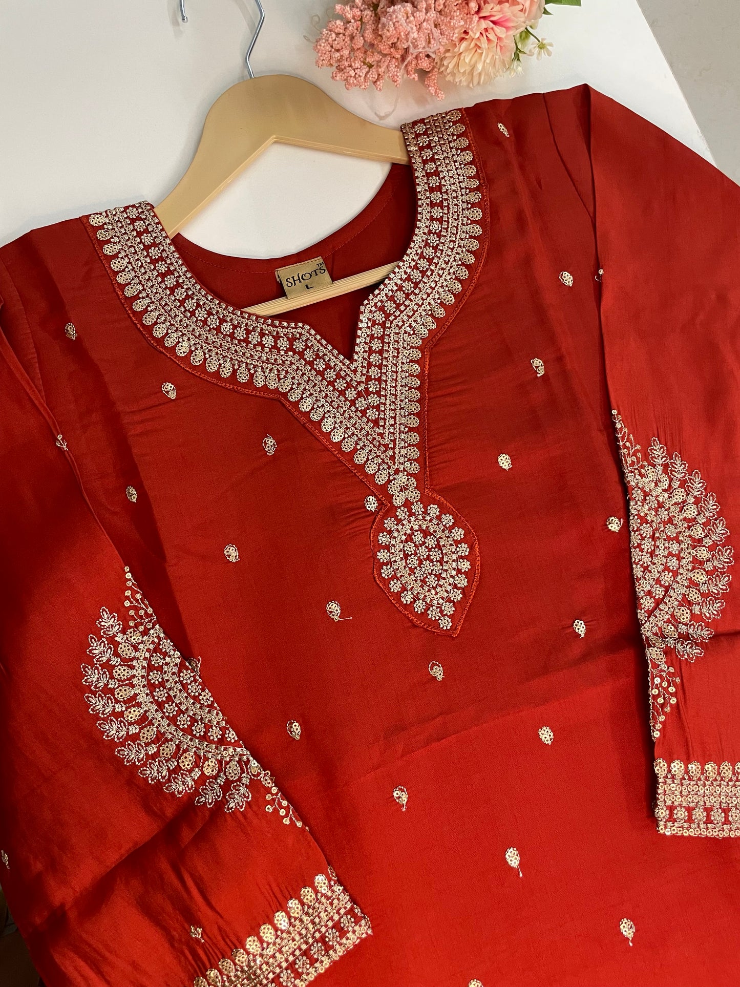 T059-Premium Pure Roman silk kurti with pant and dupatta