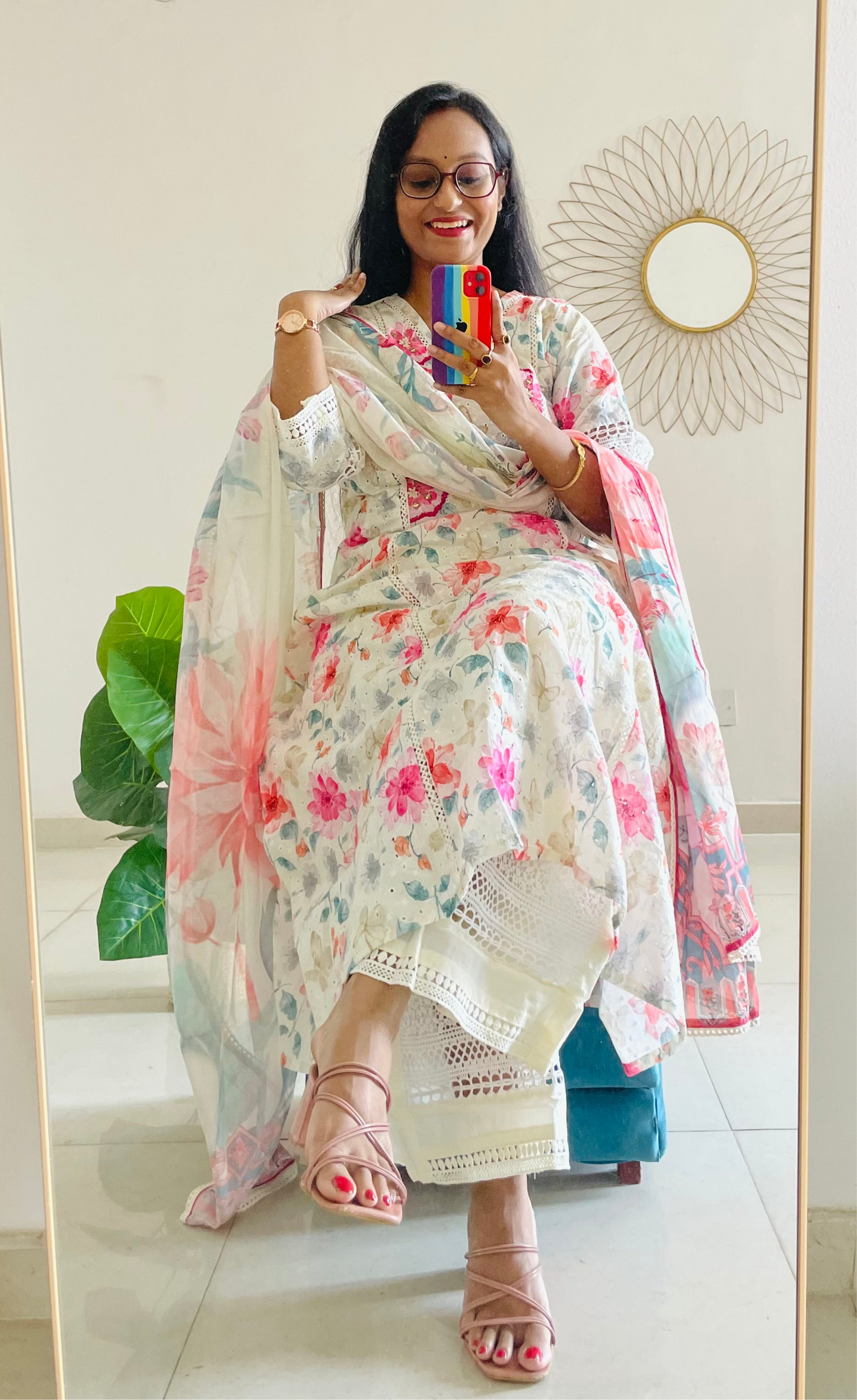 T025-Premium Pure kora cotton Anarkali kurti with palazzo and dupatta