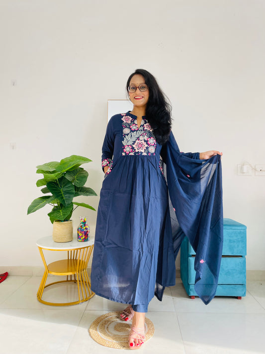 T043- Premium Pure Mul cotton kurti with pant and dupatta