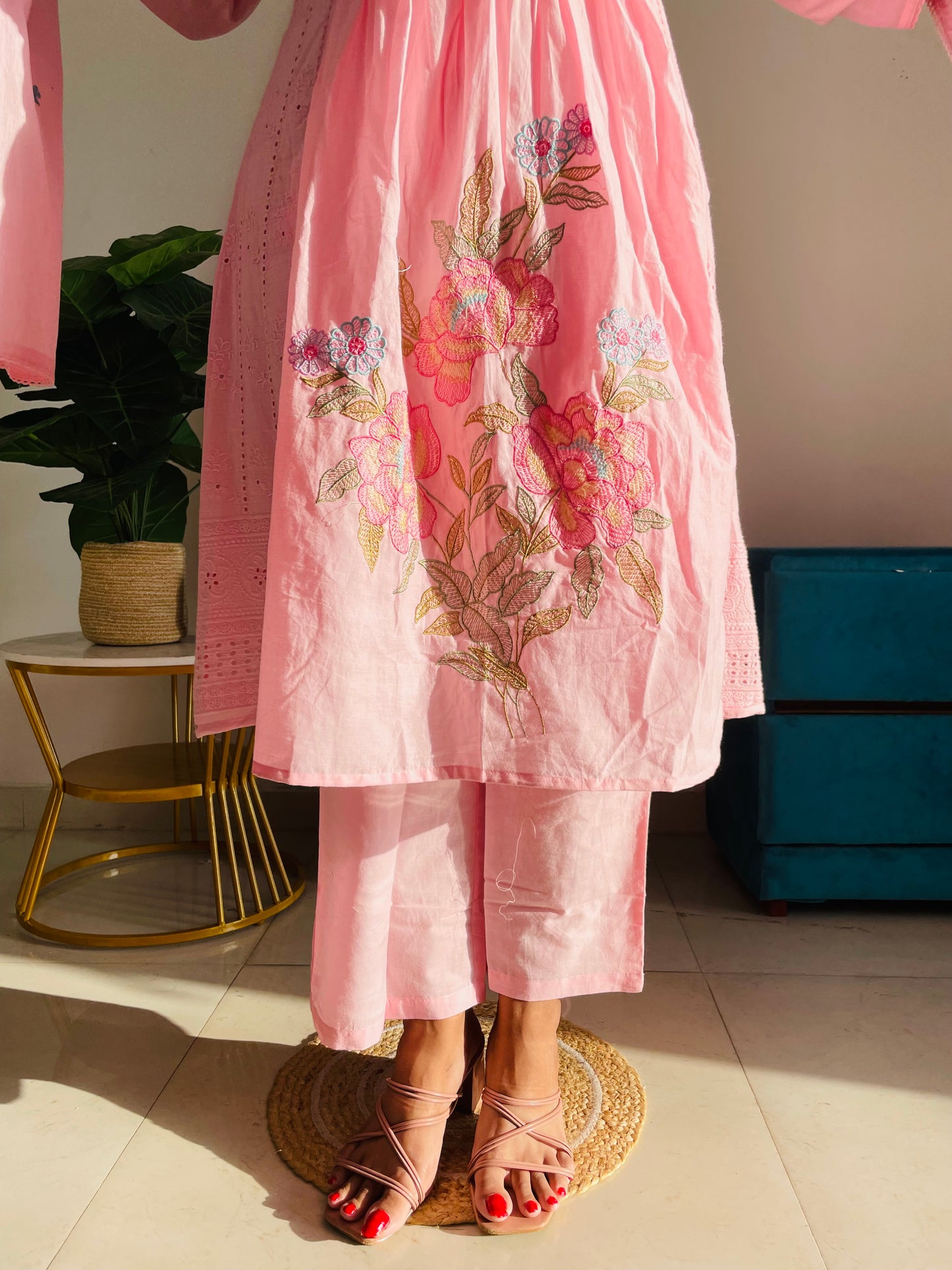 T042- Premium Pure Mul cotton kurti with pant and dupatta