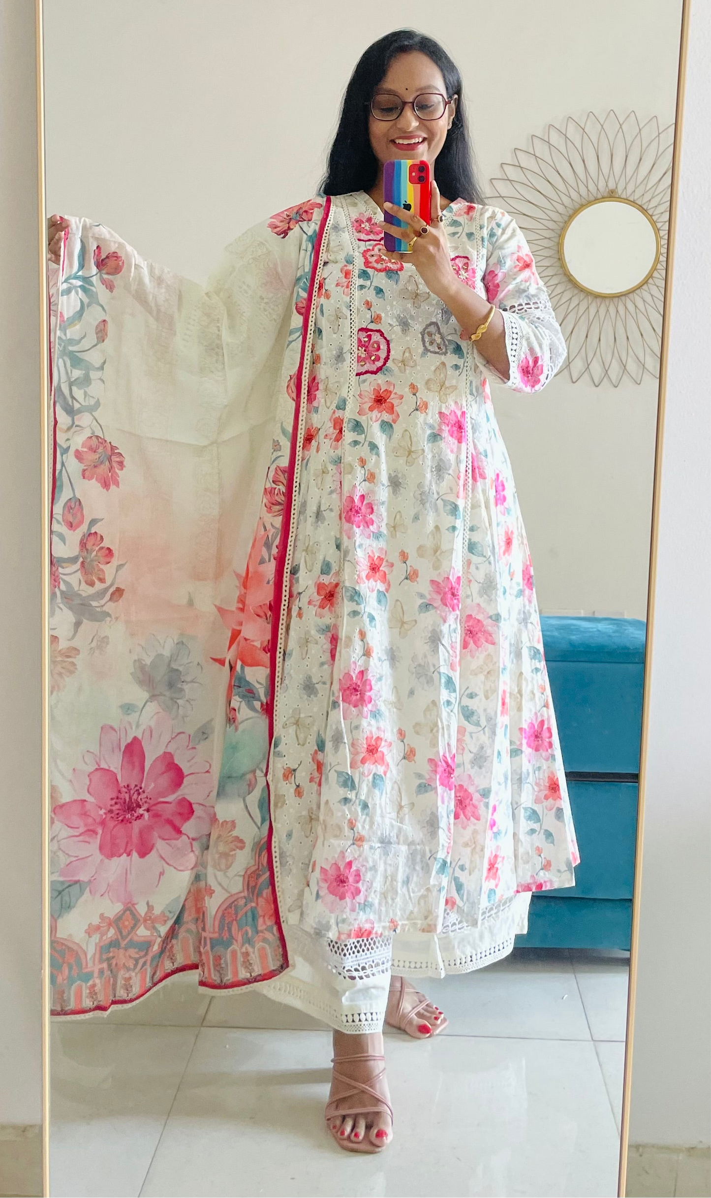 T025-Premium Pure kora cotton Anarkali kurti with palazzo and dupatta