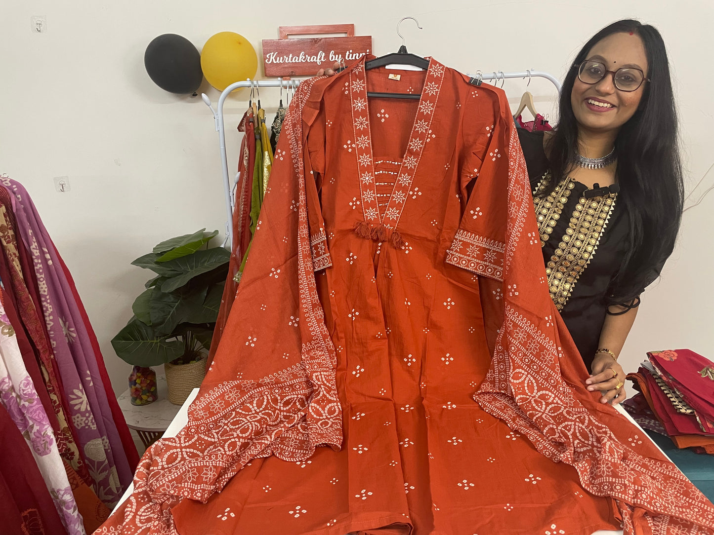 T090- Premium Pure Cotton A-line kurti with pant and dupatta