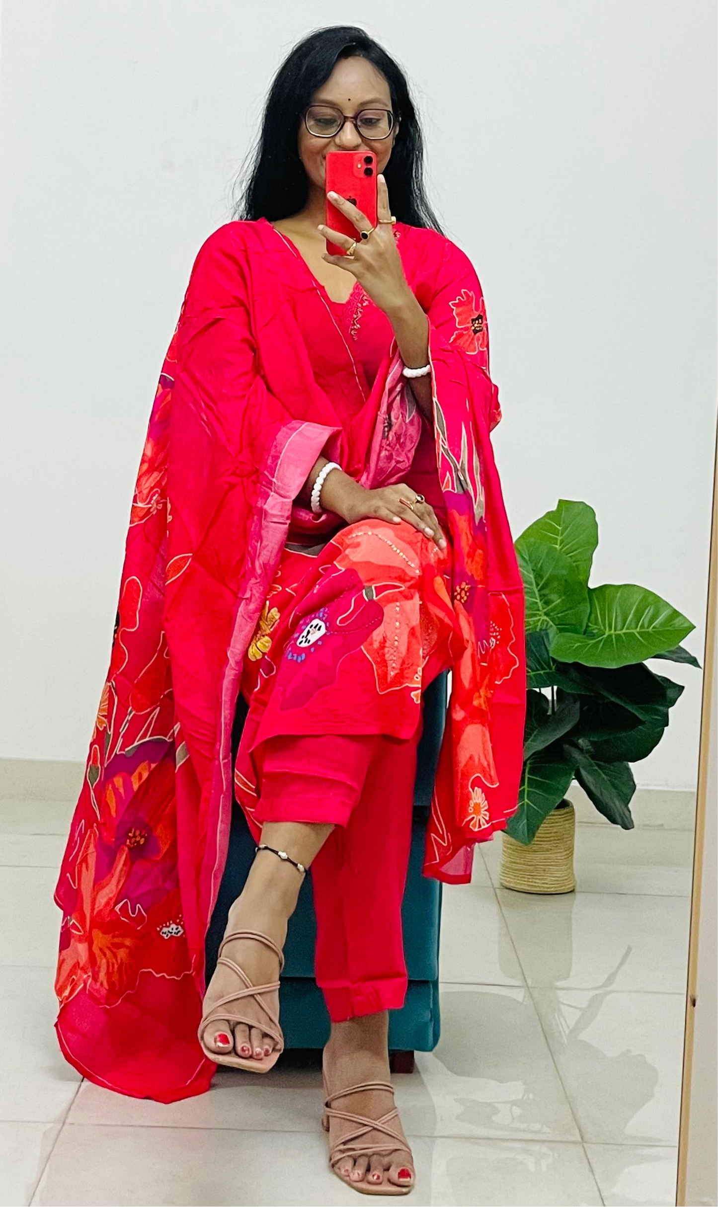 T009- Premium Fuschia pink crepe silk kurta with pant and dupatta