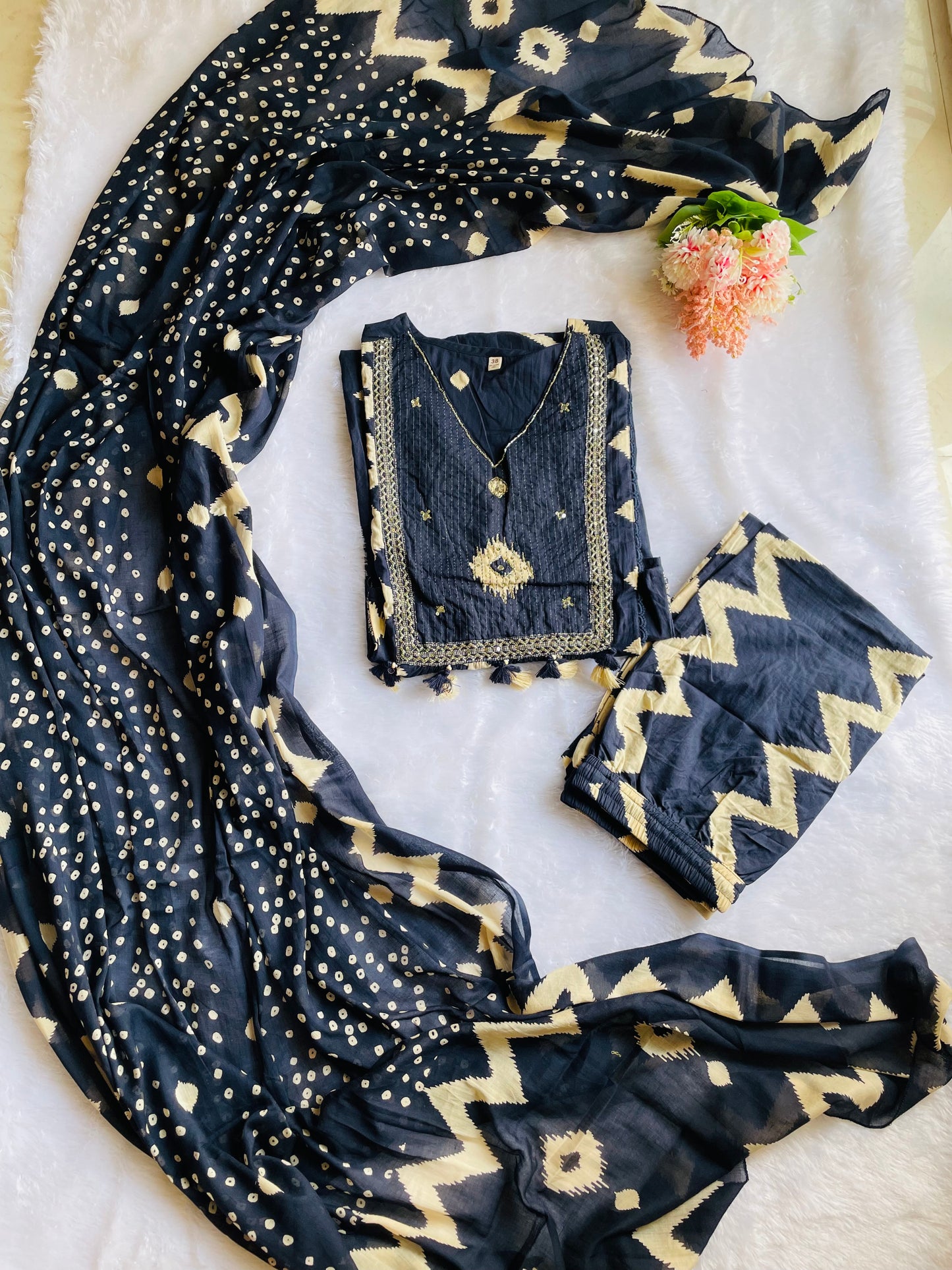 T014-Premium Pure cotton A-line kurti with pant and dupatta