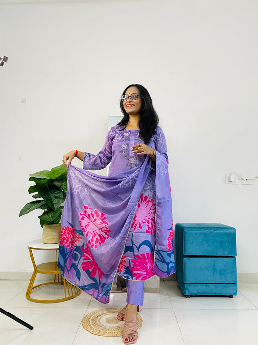 T045-Premium Pure Muslin digital print kurti with pant and dupatta