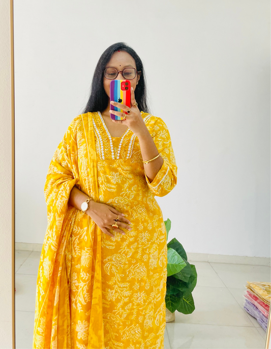 T015- Premium Pure cotton kurti with pant and dupatta