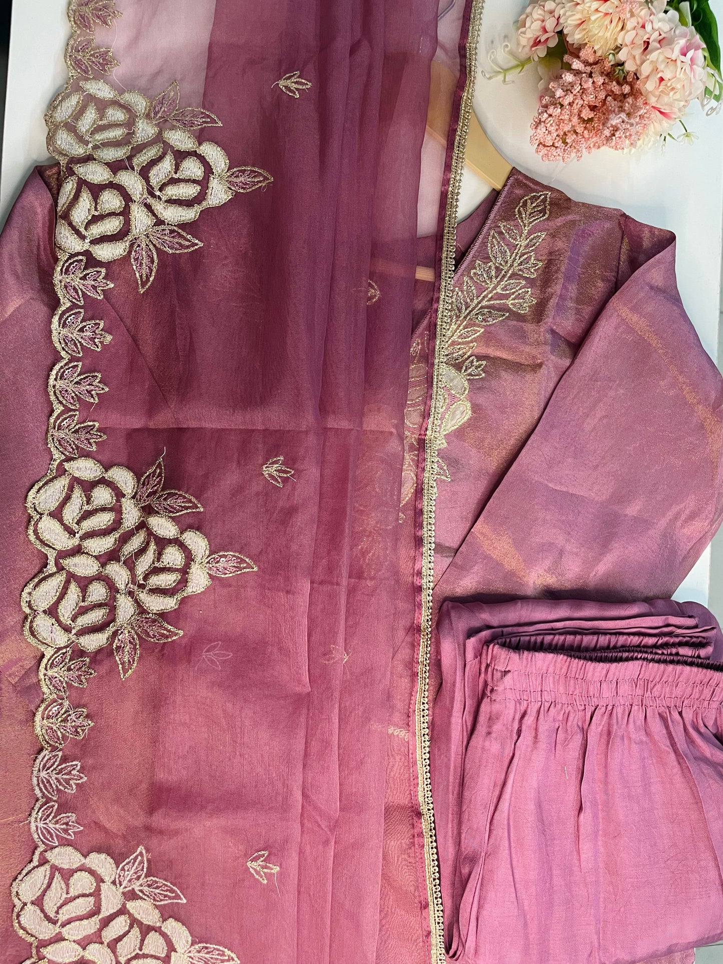 T060-Premium Pure Tissue shimmer kurti with pant and dupatta