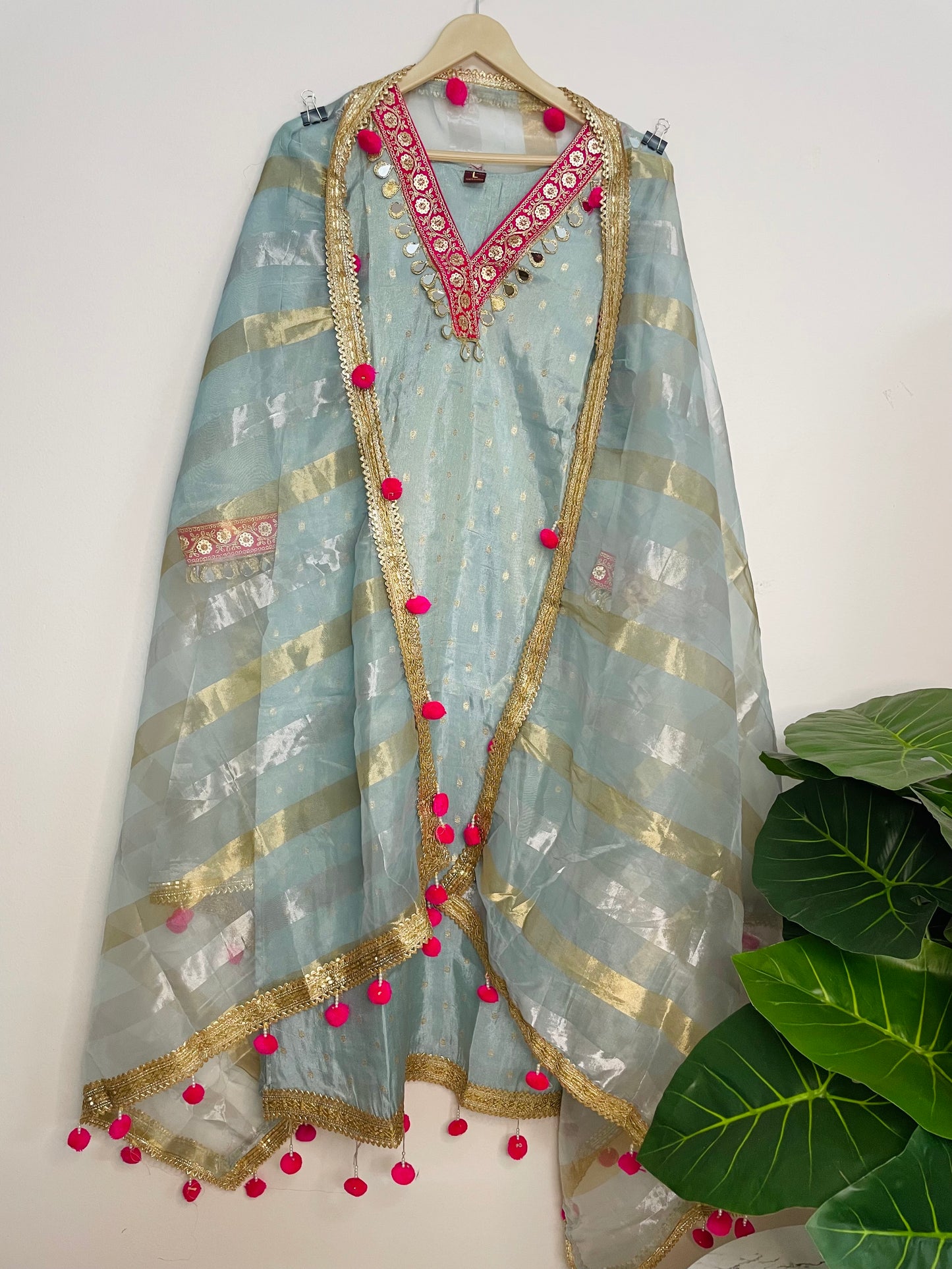 T064-Premium Pure Tissue shimmer kurti with pant and dupatta