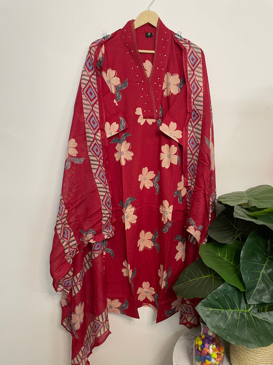 T077- Premium Pure cotton straight kurti with pant and dupatta