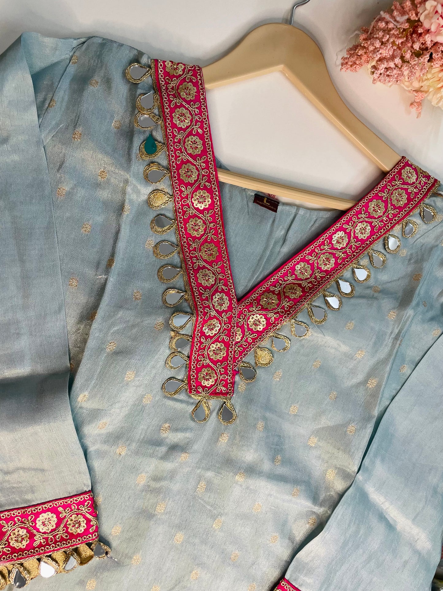 T064-Premium Pure Tissue shimmer kurti with pant and dupatta