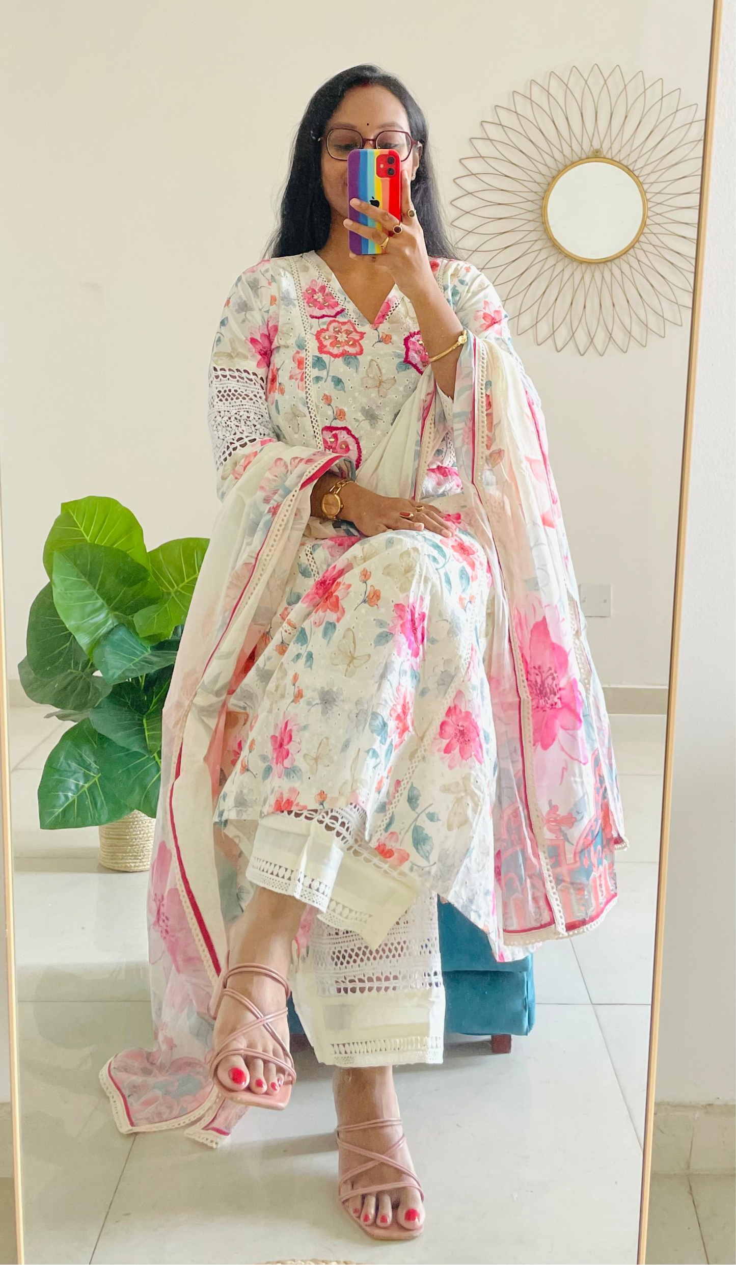 T025-Premium Pure kora cotton Anarkali kurti with palazzo and dupatta