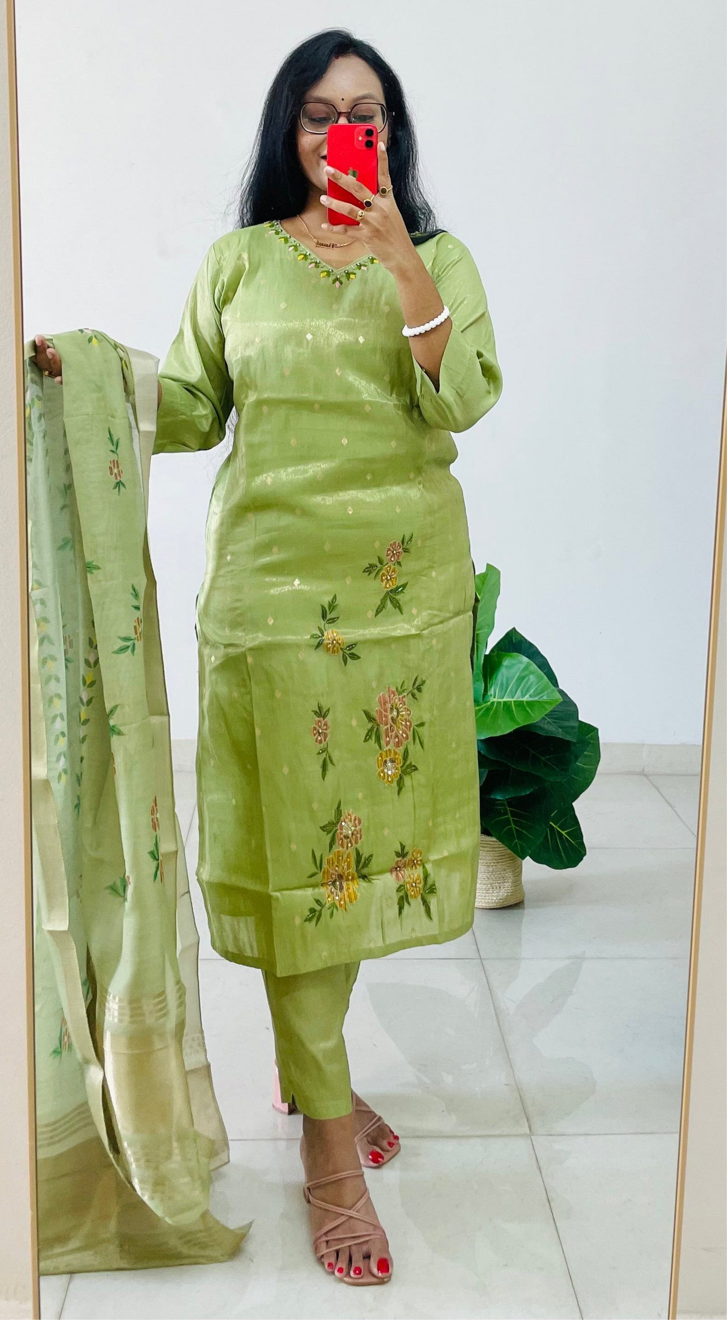 T002- Tissue silk shimmer handwork neckline kurti with pant and dupatta