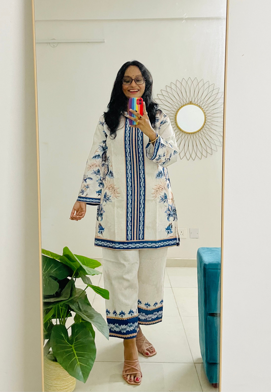 T037-BLUE WHITE BAROQUE PAKISTANI COTTON CO-ORD