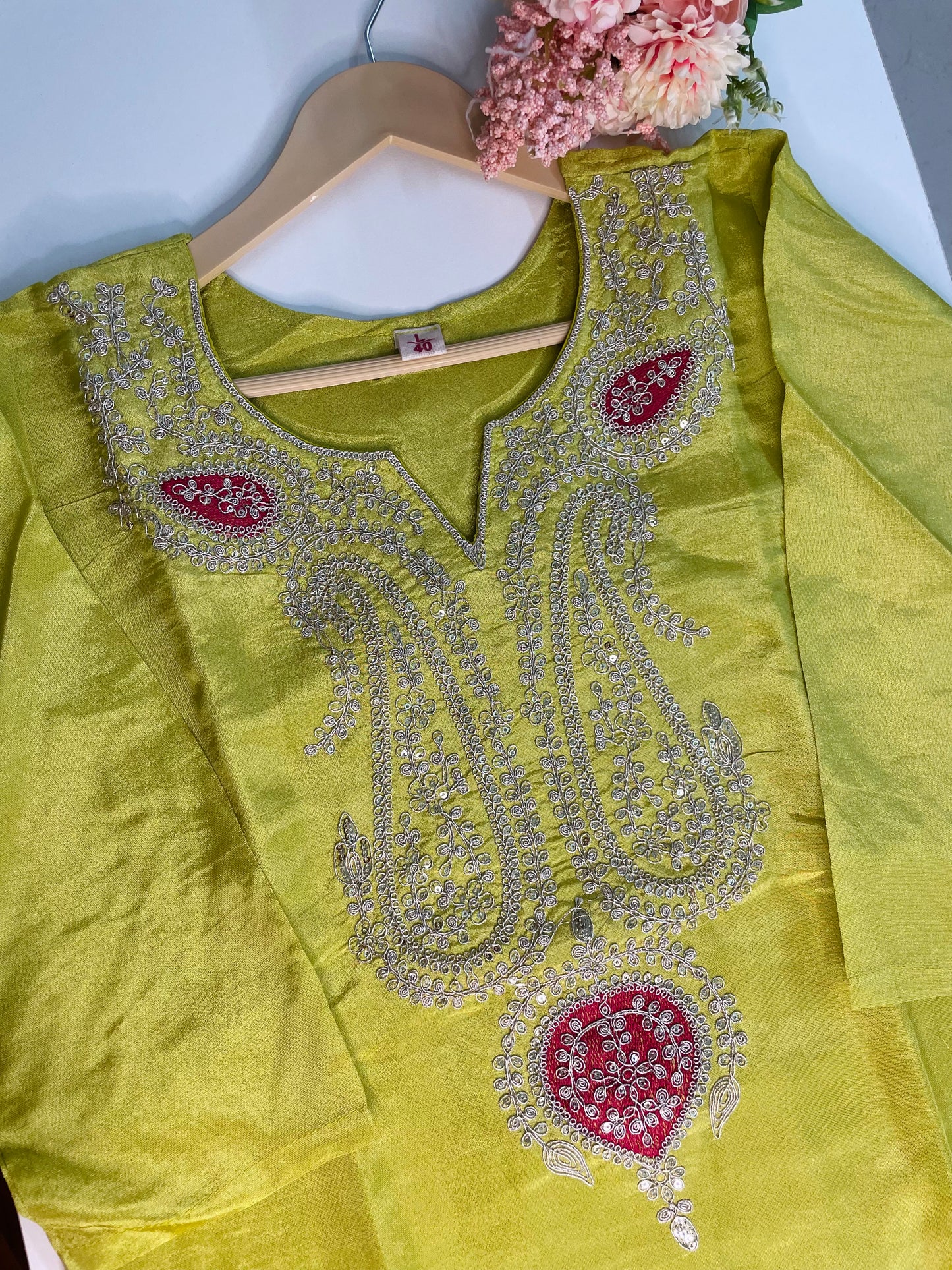 T057-Premium Pure Tissue Shimmer kurti with pant and dupatta