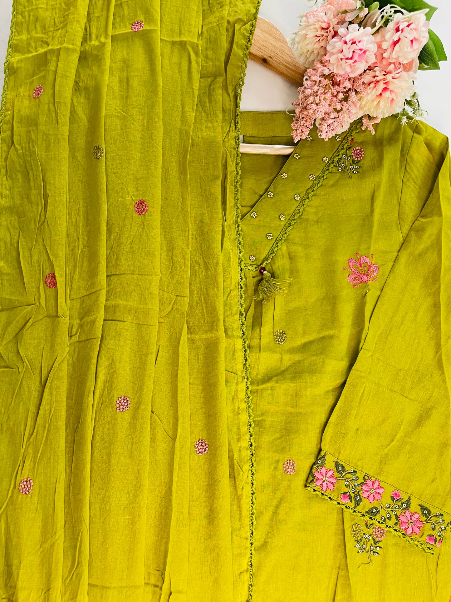 T053-Premium Pure Mul cotton A-line Kurti with pant and dupatta