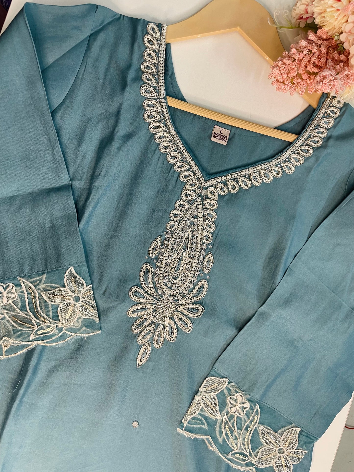 T063-Premium Pure Roman silk kurti with pant and dupatta