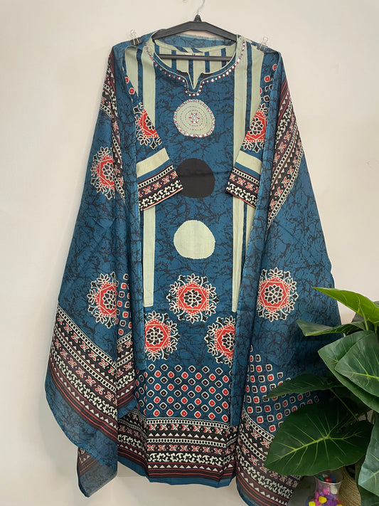 T098- Premium Pure Cotton Straight Kurti with pant and dupatta