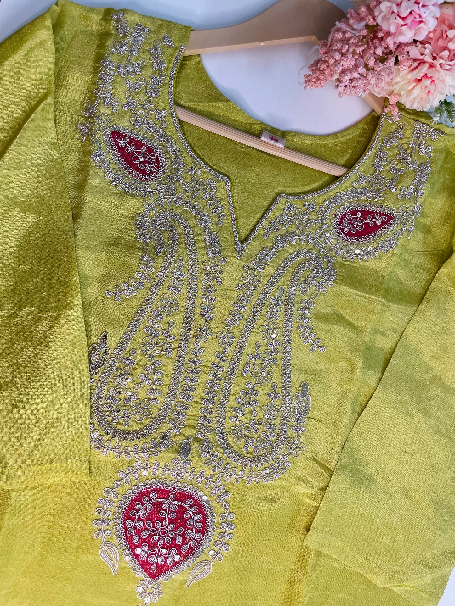 T057-Premium Pure Tissue Shimmer kurti with pant and dupatta