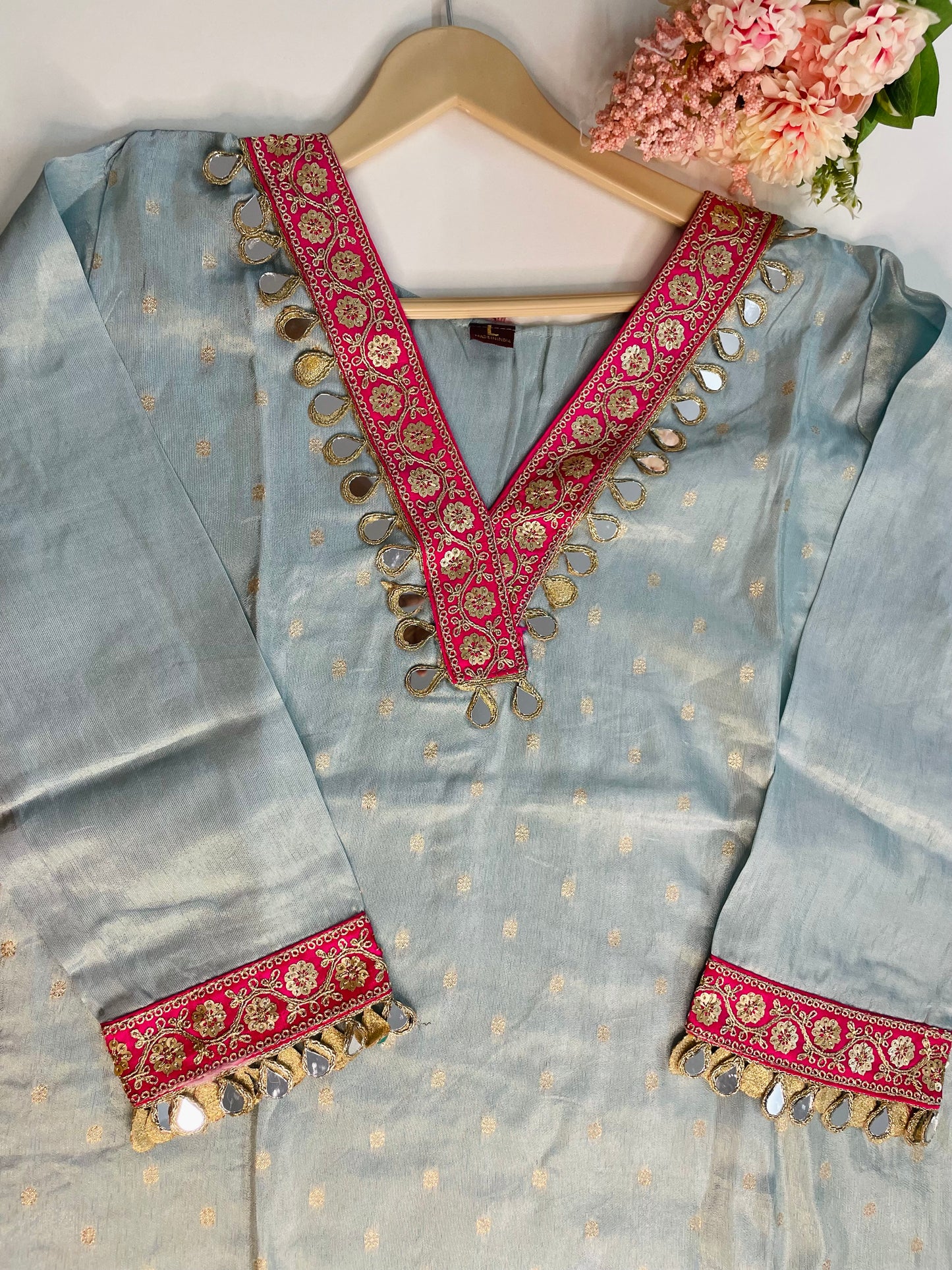 T064-Premium Pure Tissue shimmer kurti with pant and dupatta