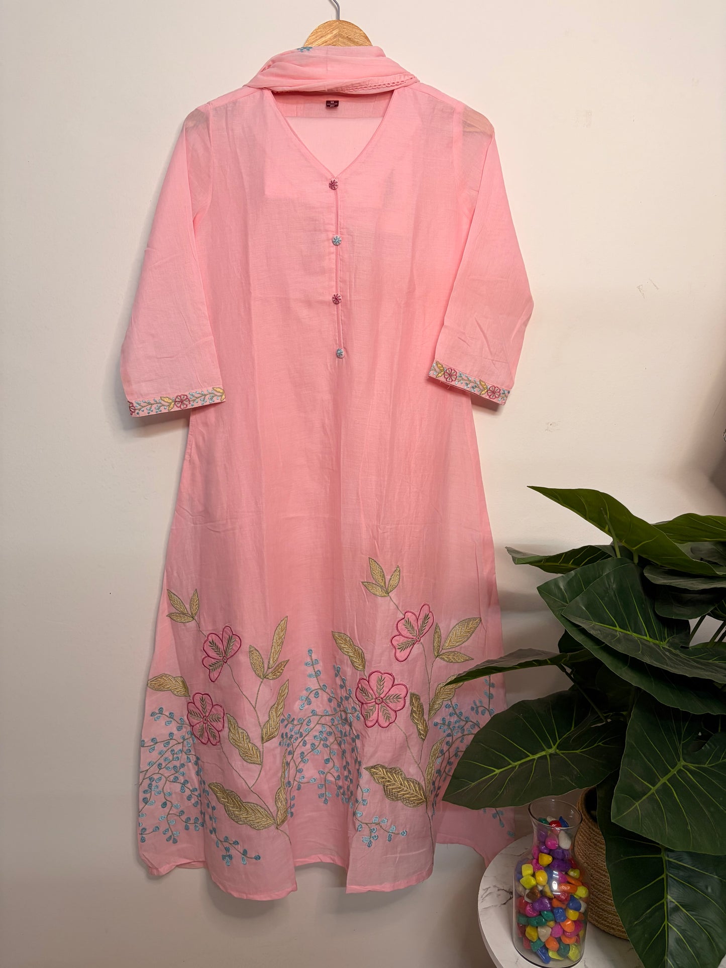 T102- Premium Pure Mul Cotton A-line kurti with pant and dupatta