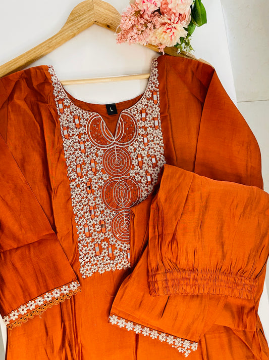 T050-Premium Roman silk kurti with pant and dupatta