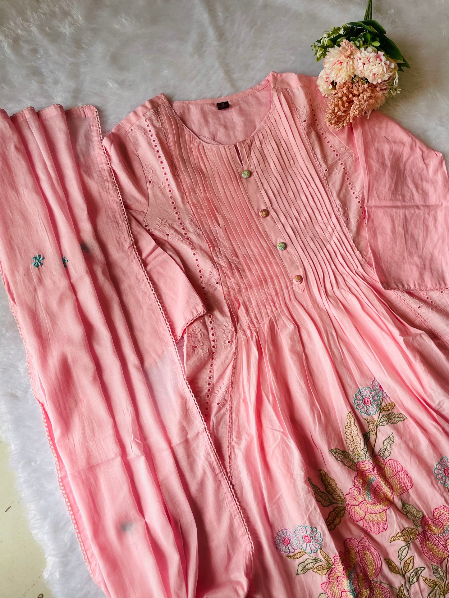 T042- Premium Pure Mul cotton kurti with pant and dupatta