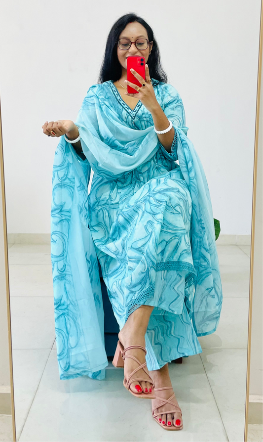 T011-Premium cotton A-line kurta with pant and dupatta