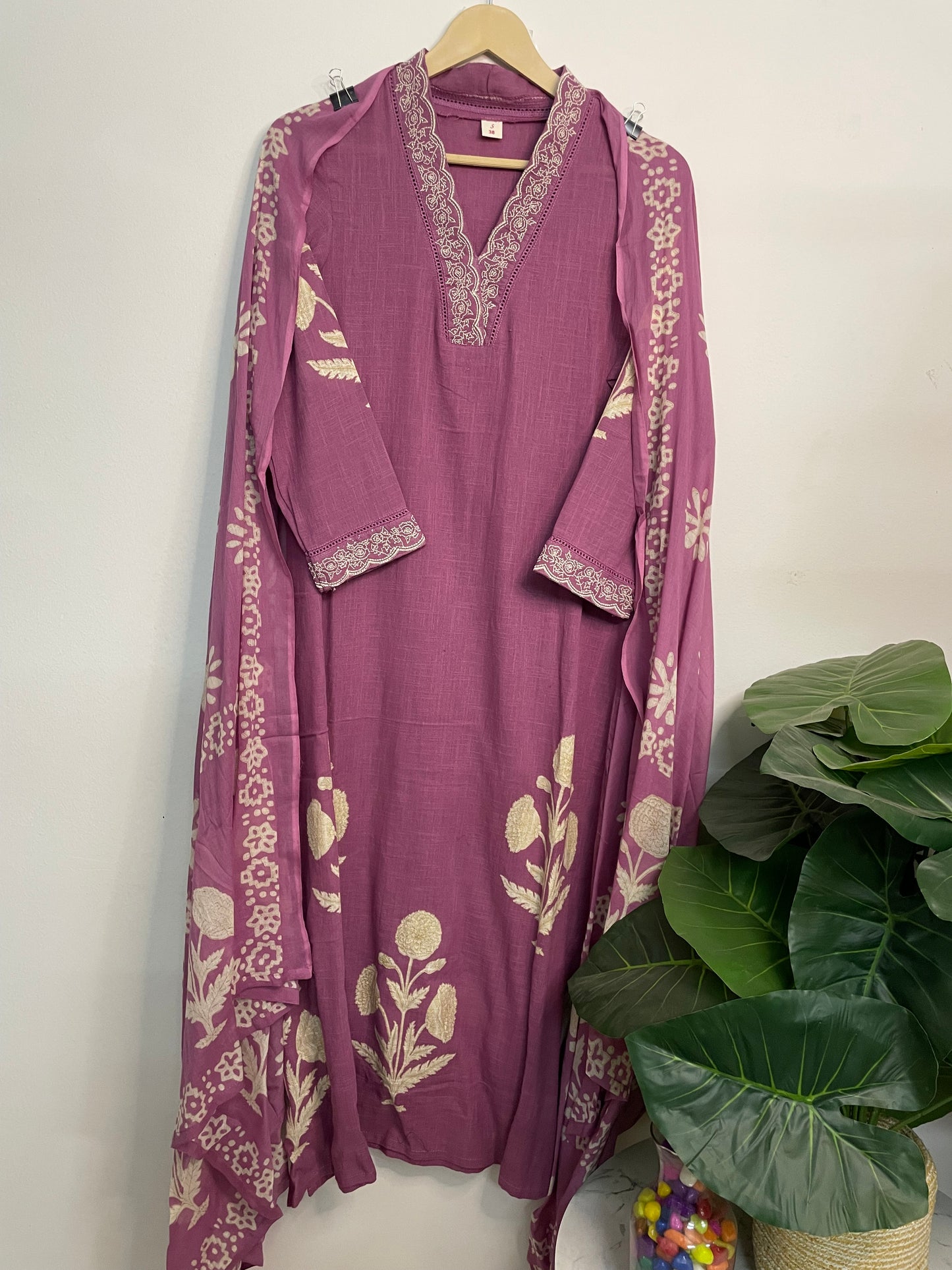 T087- Premium Pure Cotton A-line kurti with pant and dupatta