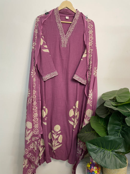 T087- Premium Pure Cotton A-line kurti with pant and dupatta