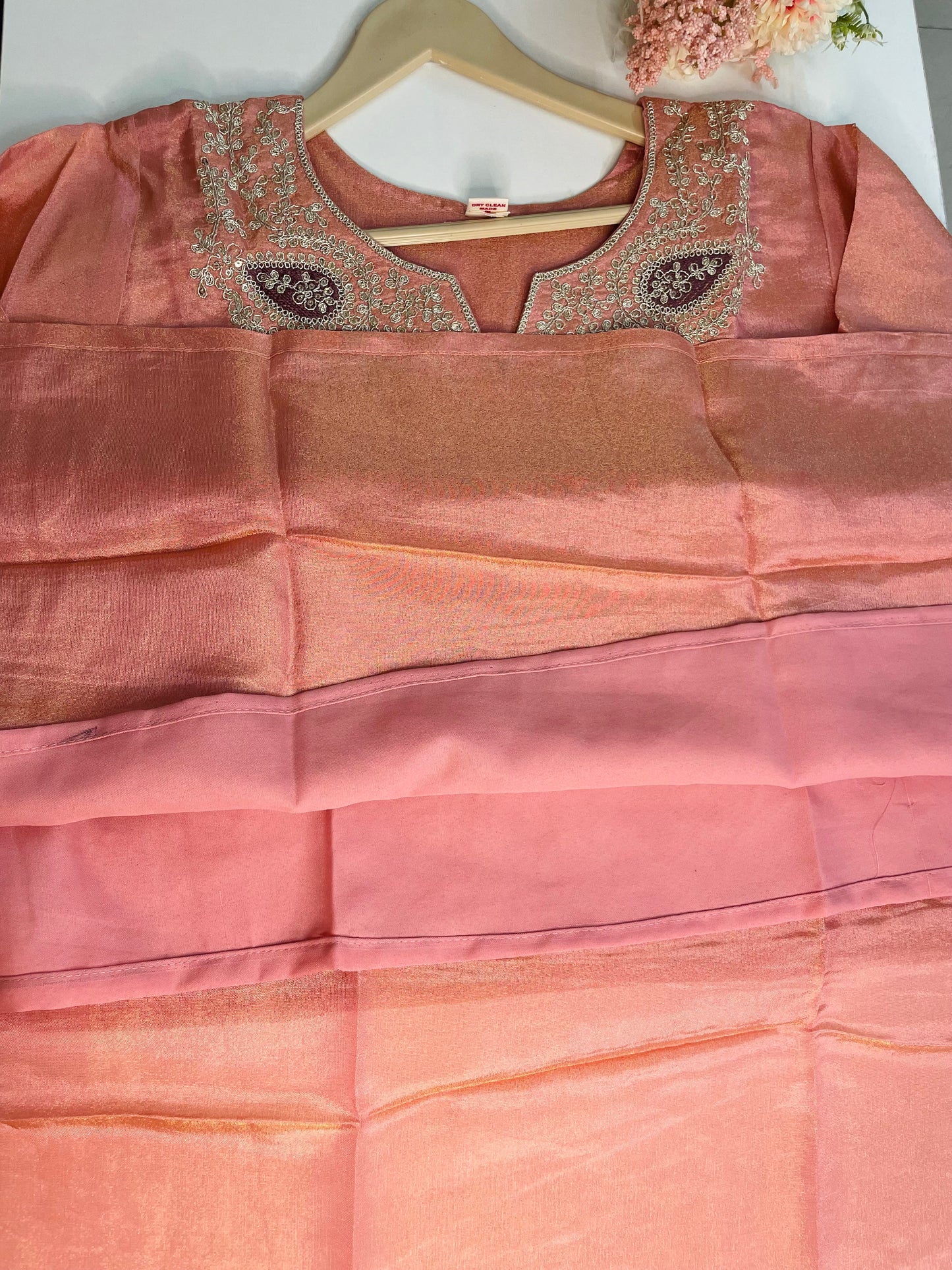 T058-Premium Pure Tissue shimmer kurti with pant and dupatta