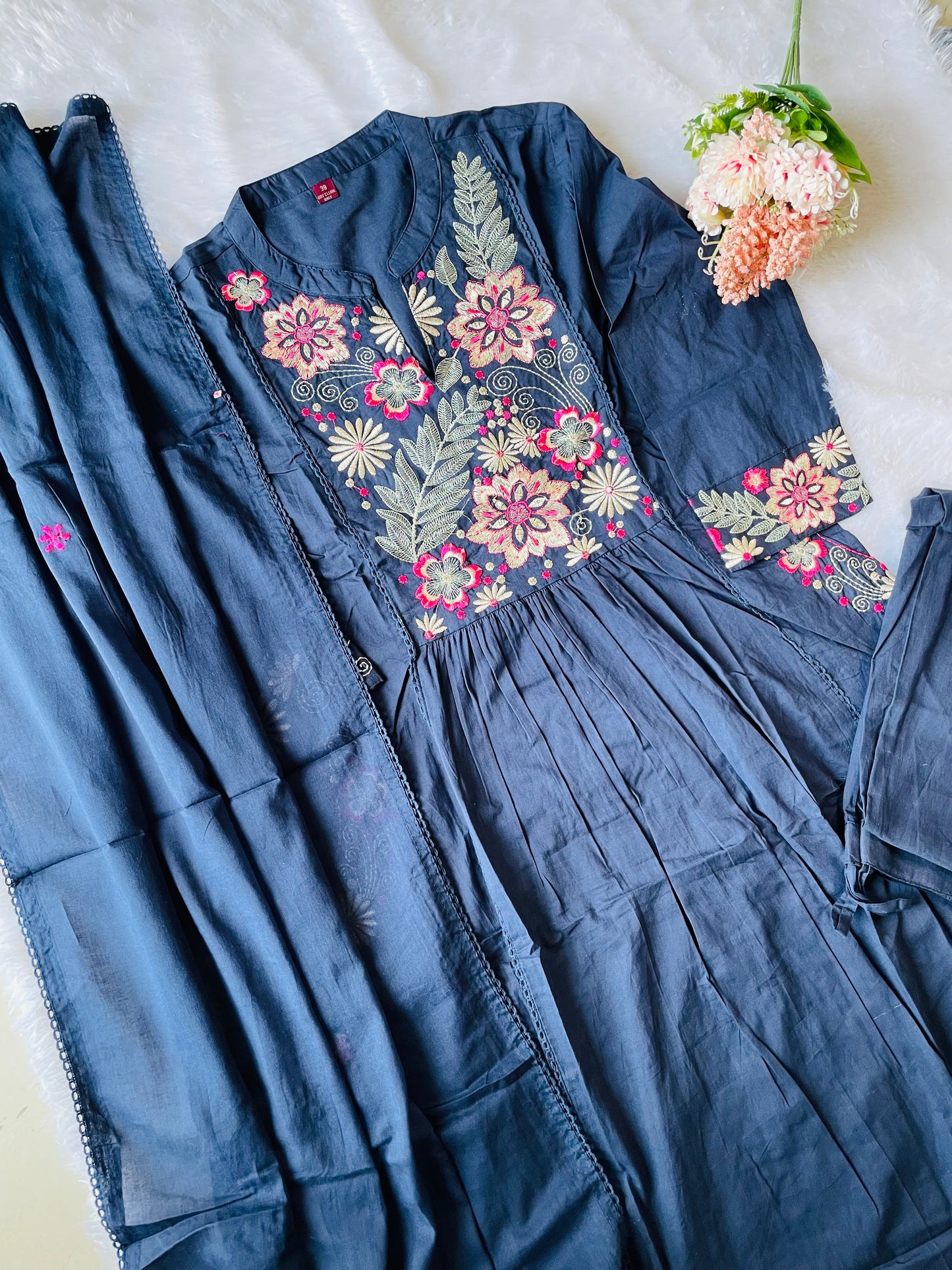 T043- Premium Pure Mul cotton kurti with pant and dupatta