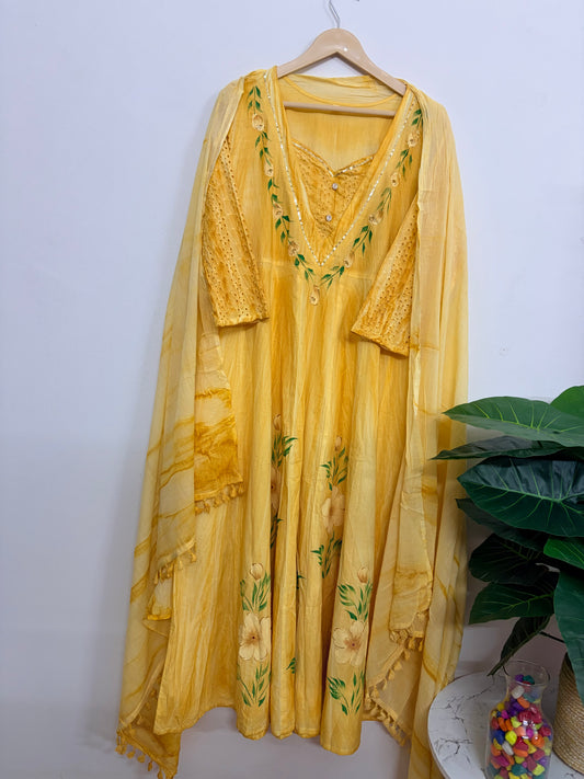 T114- Premium Pure Cotton Anarkali kurti with pant and dupatta