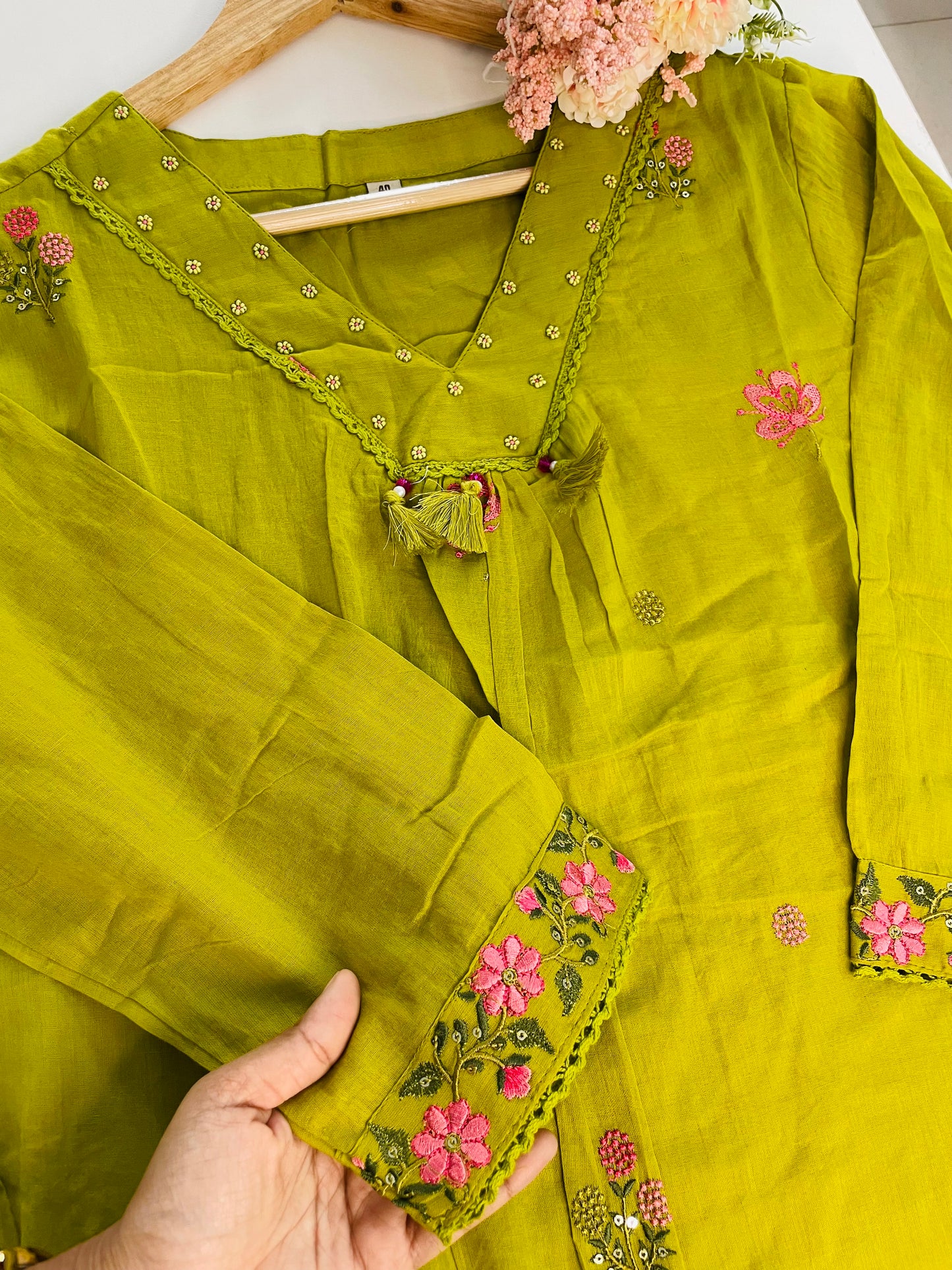 T053-Premium Pure Mul cotton A-line Kurti with pant and dupatta