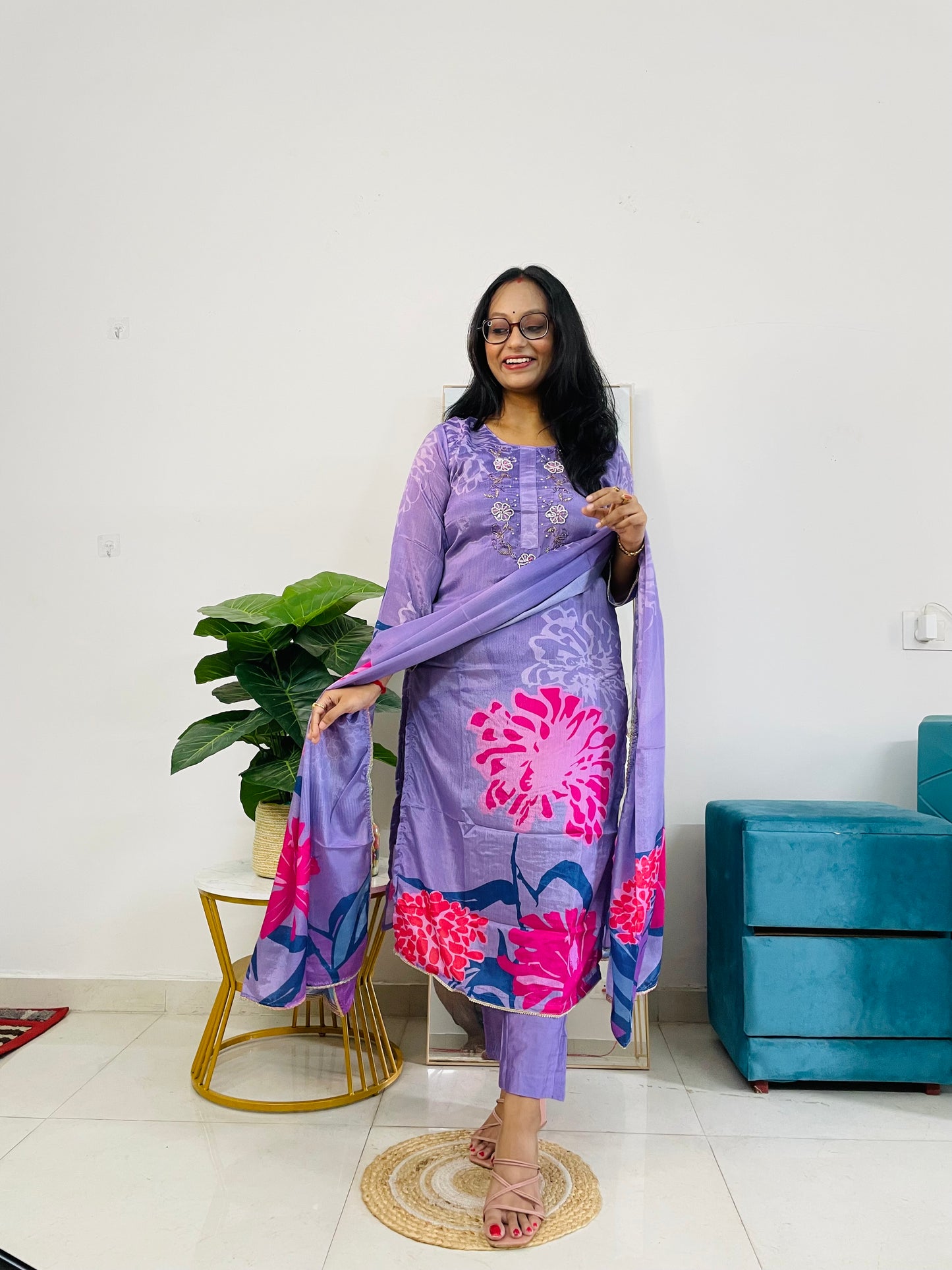 T045-Premium Pure Muslin digital print kurti with pant and dupatta
