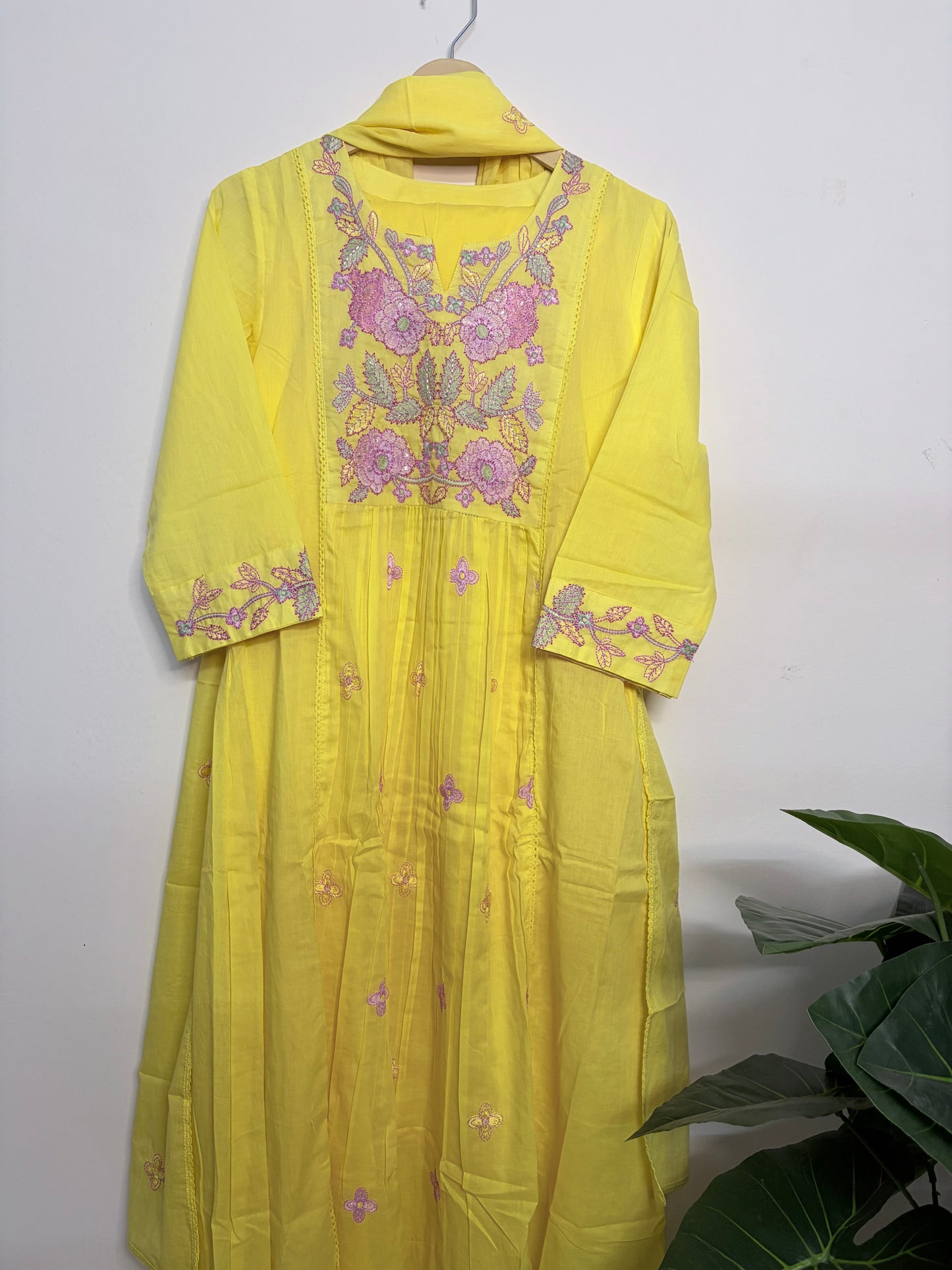 T101- Premium Pure Mul Cotton A-line kurti with pant and dupatta