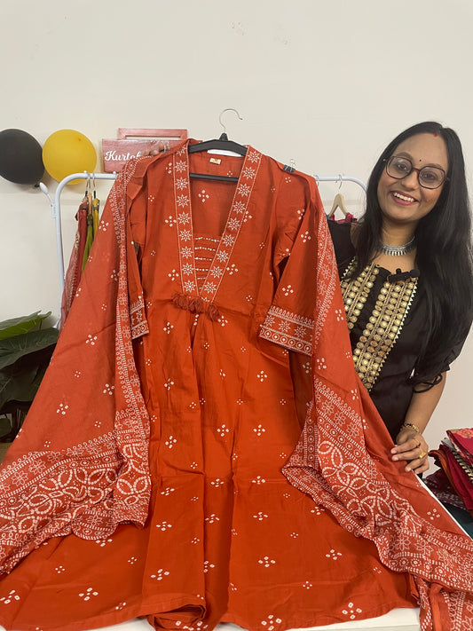 T090- Premium Pure Cotton A-line kurti with pant and dupatta
