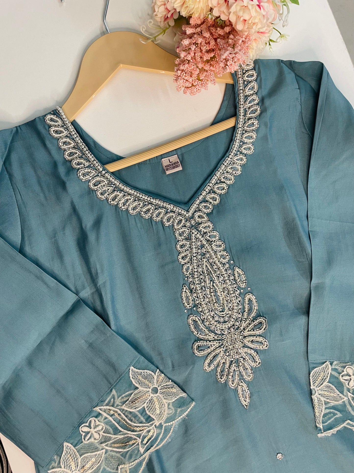 T063-Premium Pure Roman silk kurti with pant and dupatta