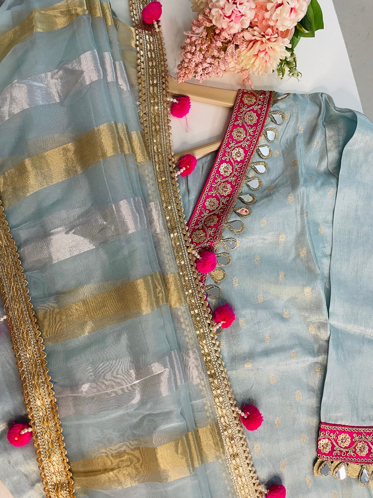 T064-Premium Pure Tissue shimmer kurti with pant and dupatta