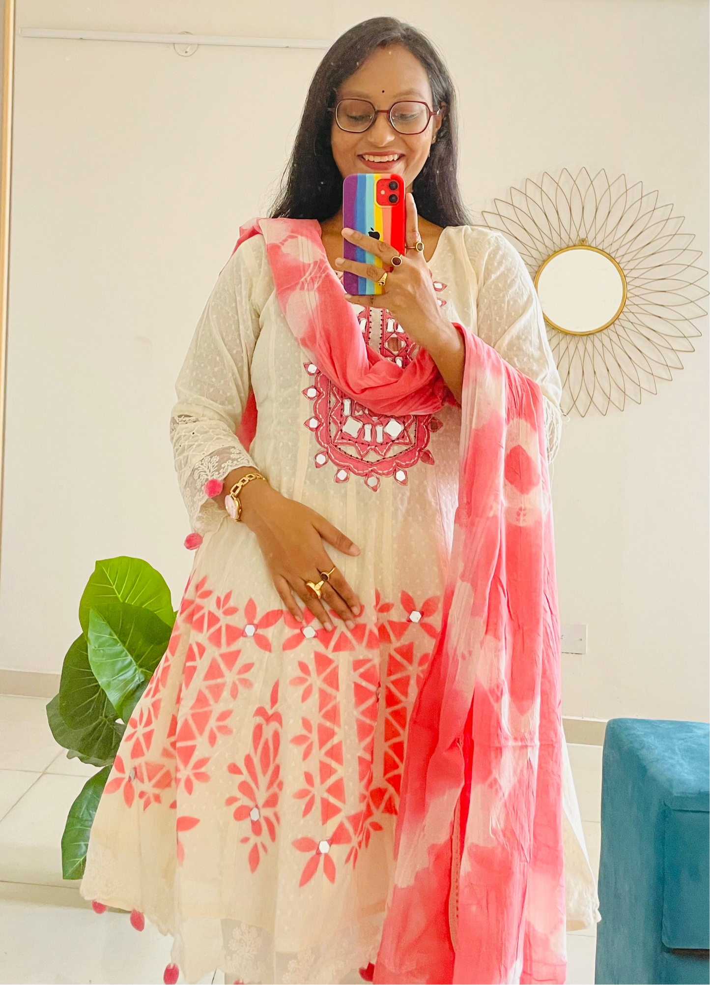 T022-Premium Kora Cotton Anarkali suit with pant and dupatta